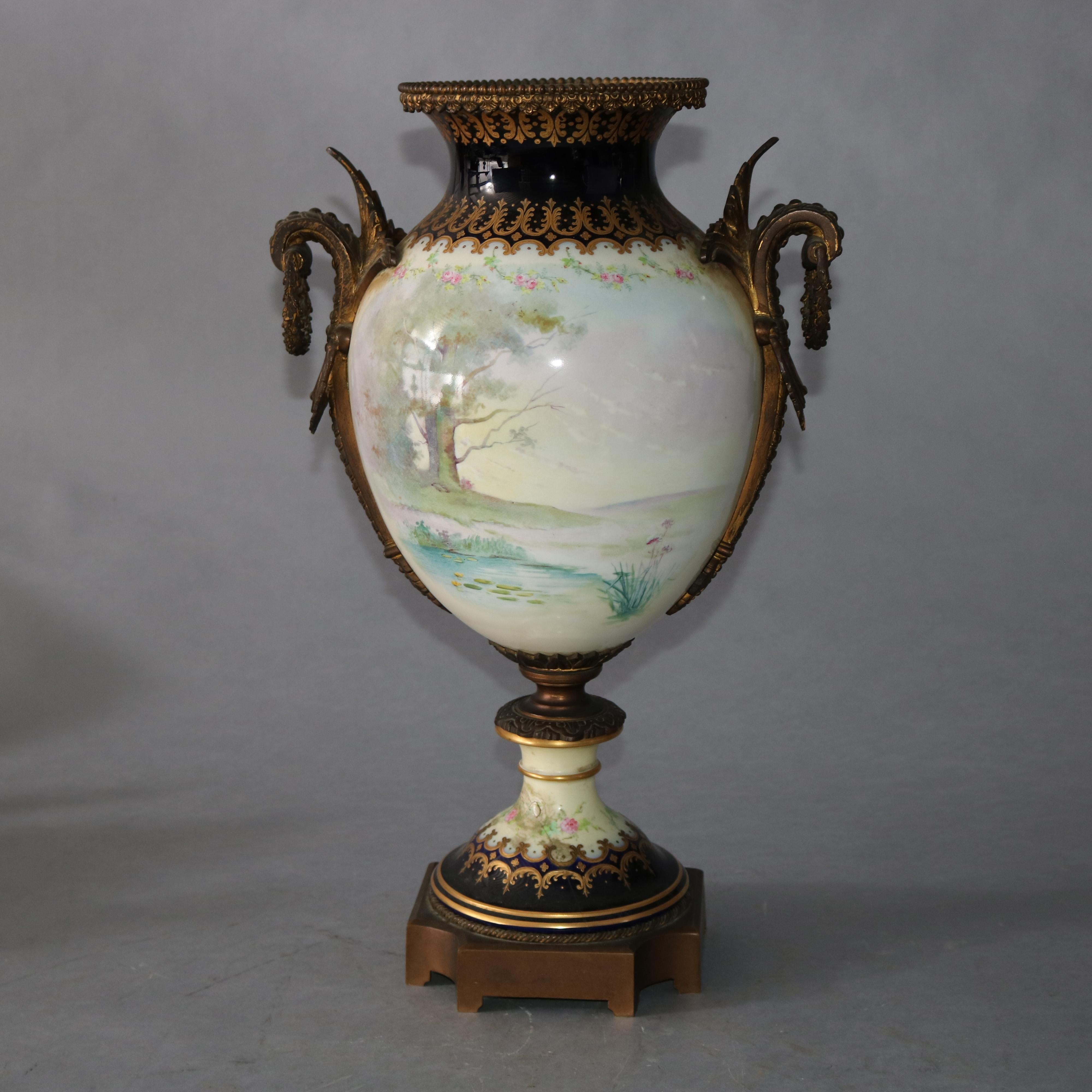 Large Antique French Atttr Sevres Hand Painted Porcelain & Ormolu Urn 19th C 2