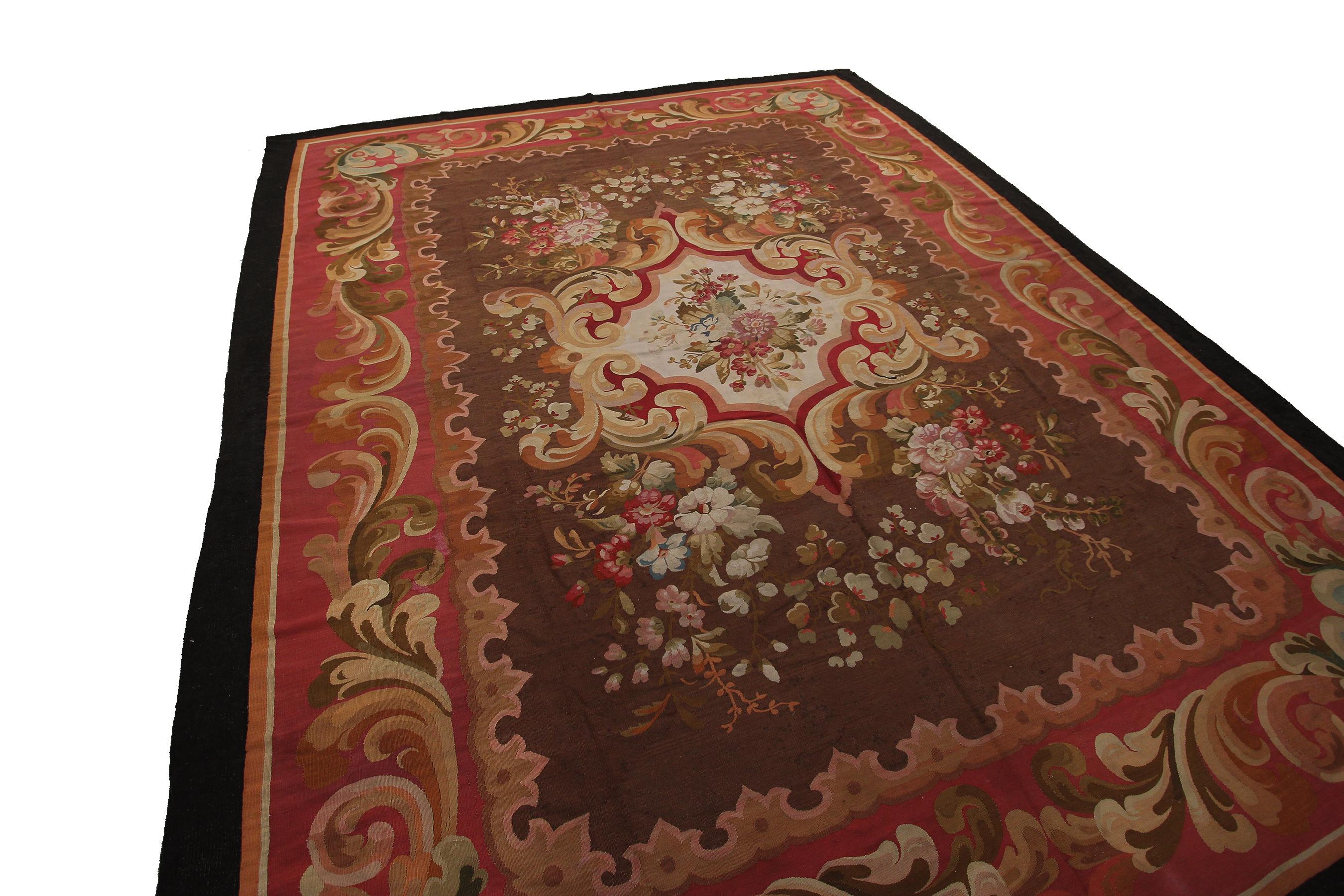 Large Antique French Aubusson Rug Handwoven Rug Pre-1900 10x12 Brown France For Sale 3