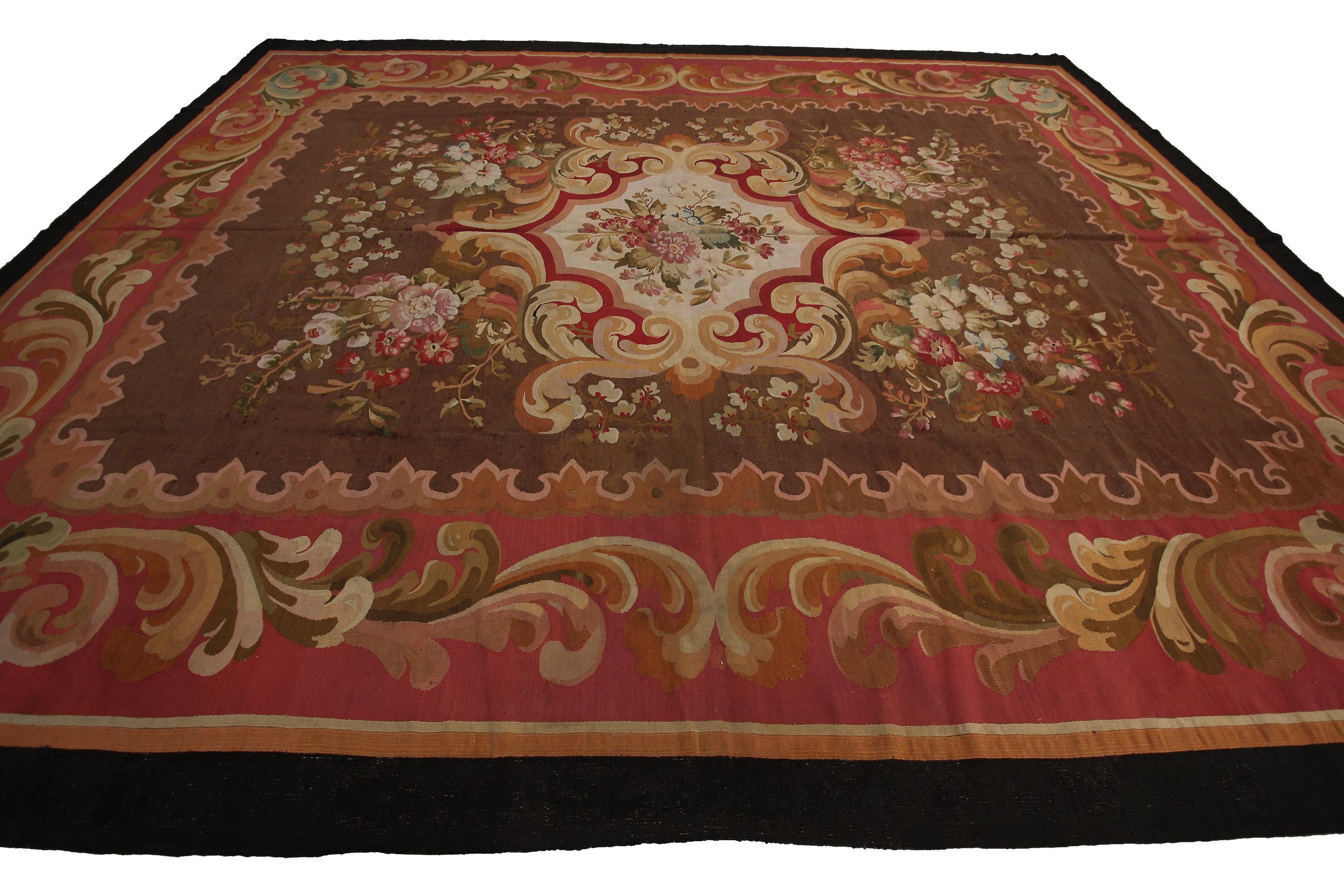 Large Antique French Aubusson Rug Handwoven Rug Pre-1900 10x12 Brown France For Sale 4