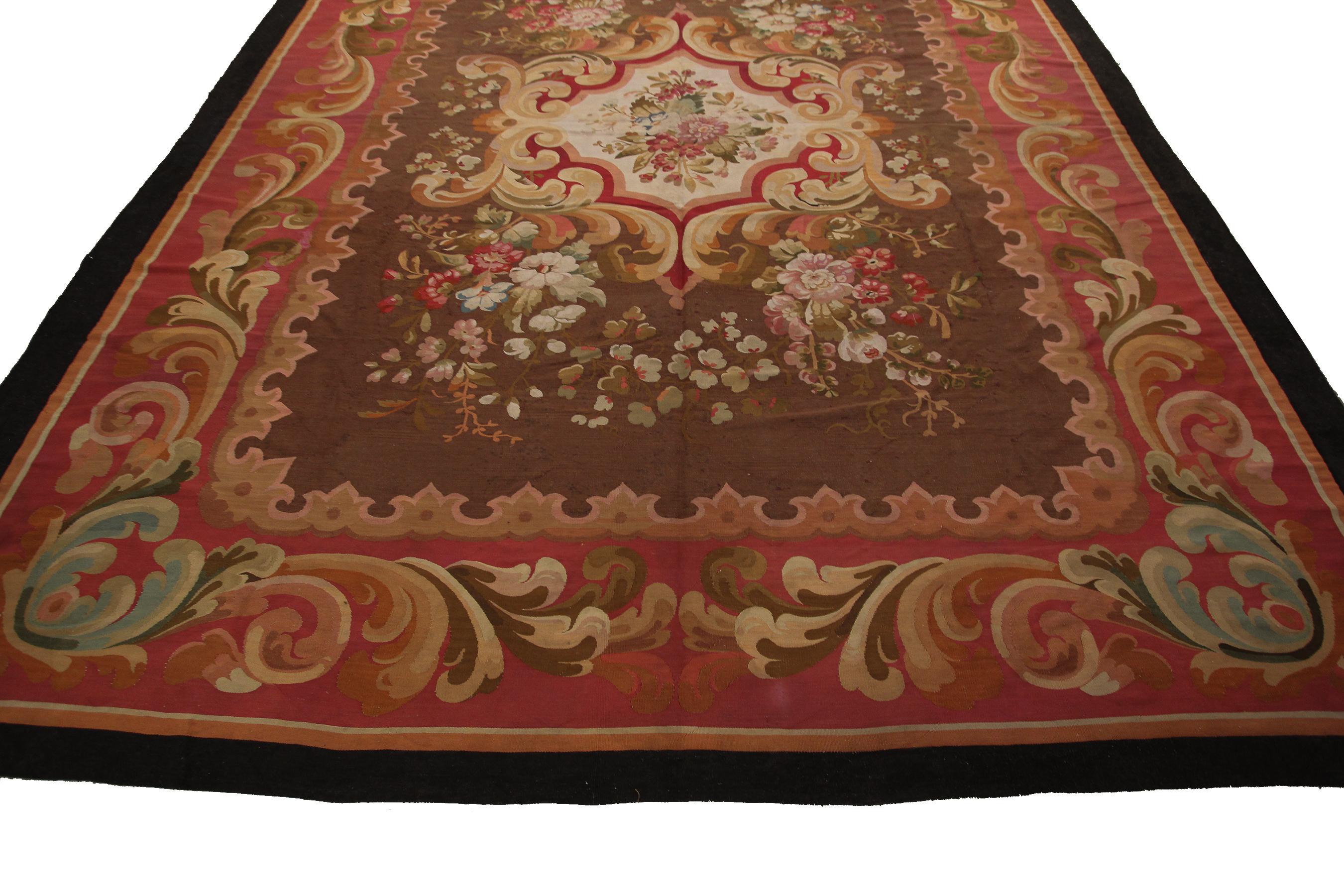 Napoléon III Grand tapis français ancien d'Aubusson tissé à la main, pré-1900, 10x12, brun, France en vente