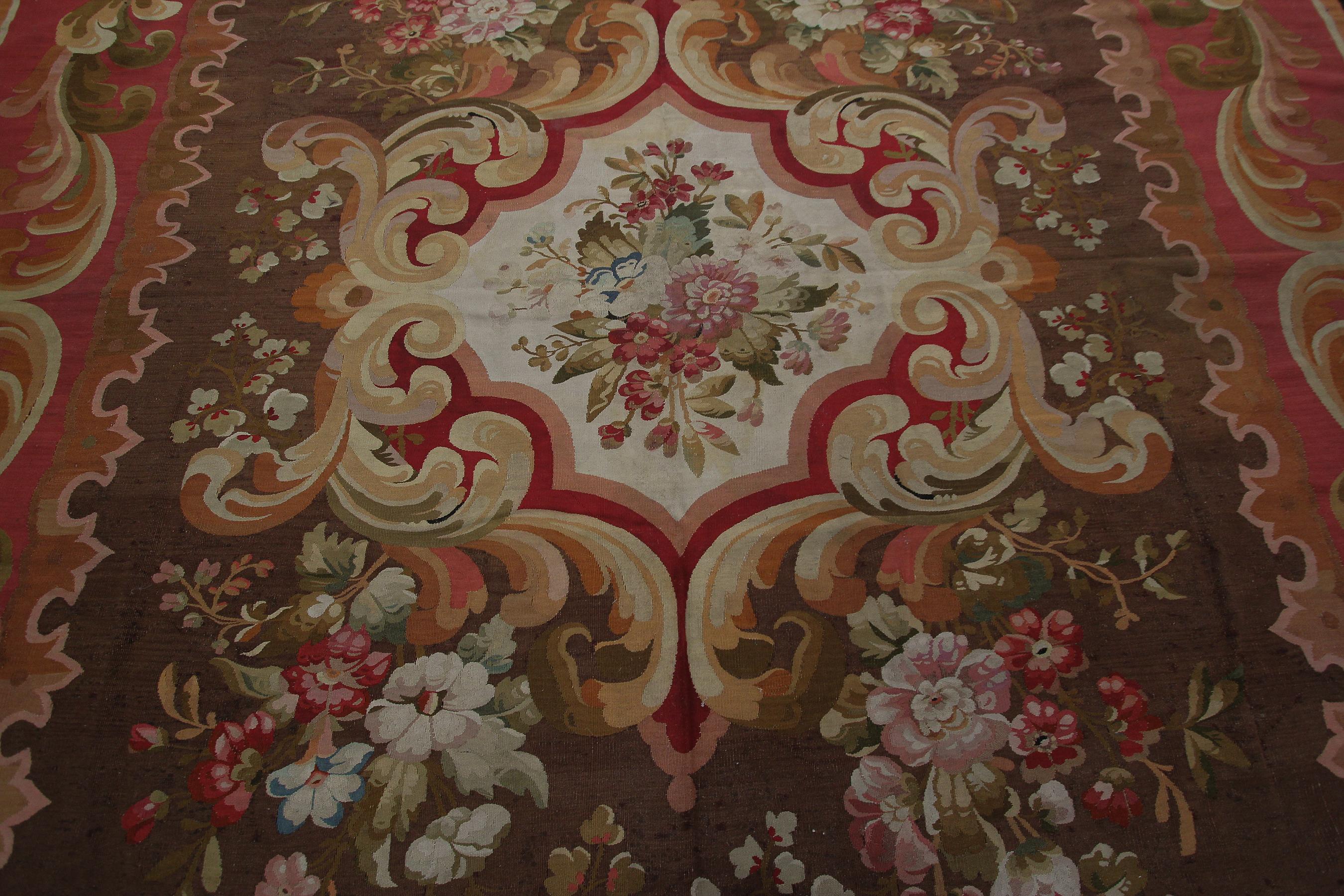 Large Antique French Aubusson Rug Handwoven Rug Pre-1900 10x12 Brown France In Good Condition For Sale In New York, NY