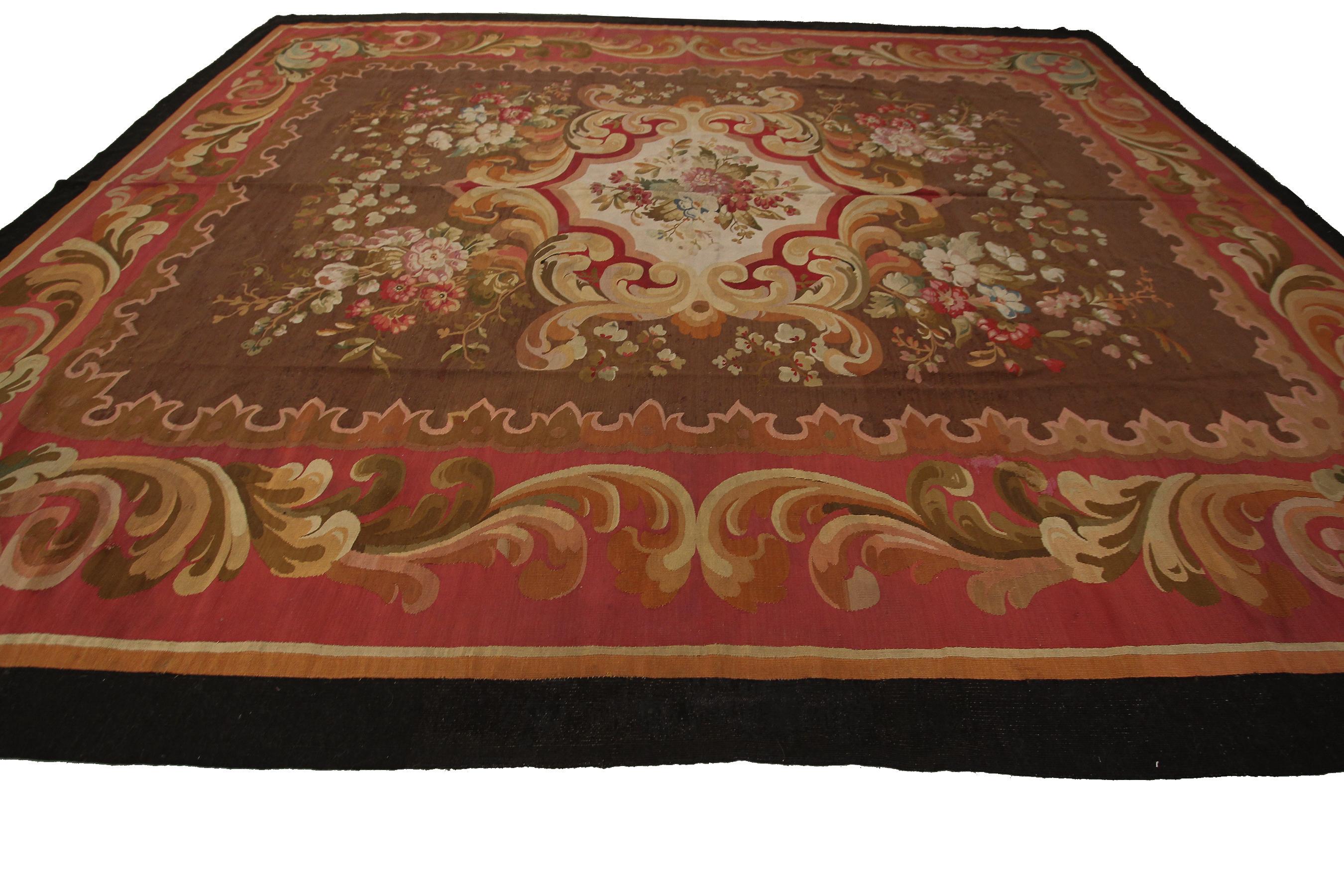 Large Antique French Aubusson Rug Handwoven Rug Pre-1900 10x12 Brown France For Sale 1