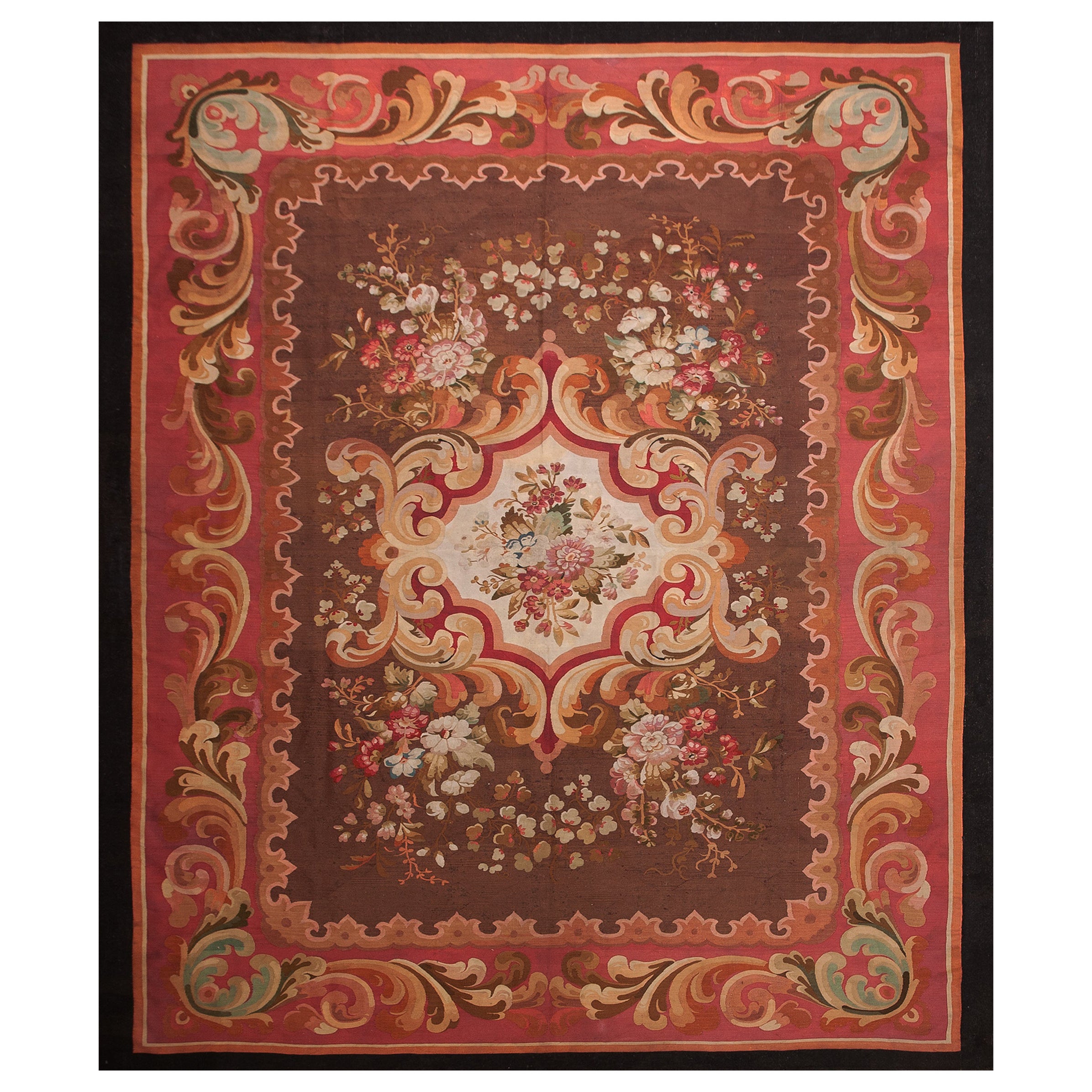 Großer antiker französischer handgewebter Aubusson-Teppich, vor 1900, 10x12, braun, Frankreich