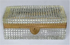 Large Antique French Baccarat Att. Crystal Glass Brass Jewelry Vanity Box Casket