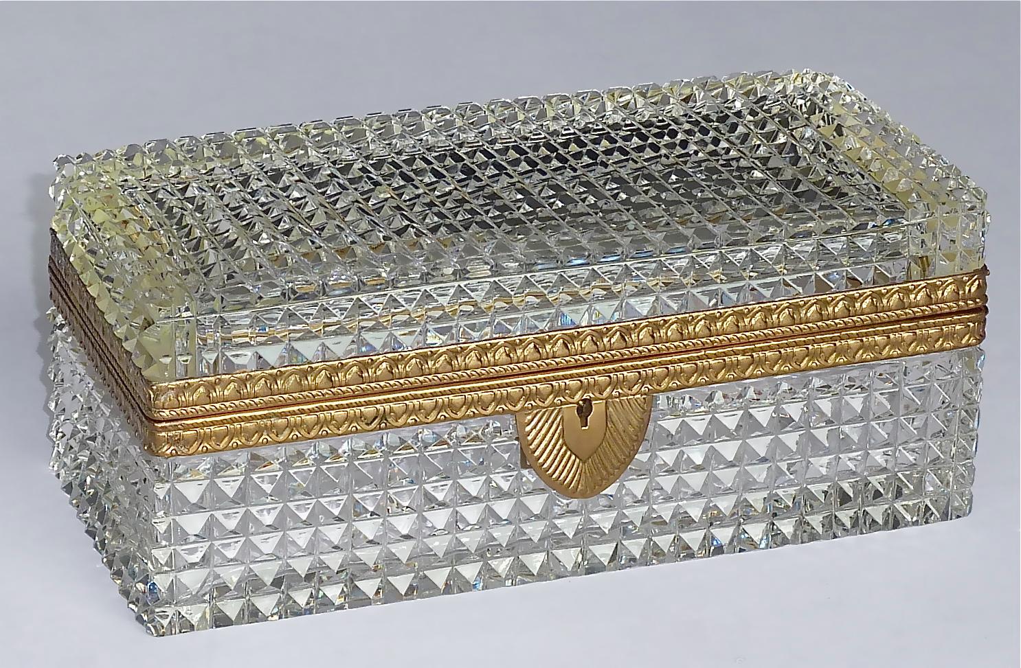 Large Antique French Baccarat Att. Crystal Glass Brass Jewelry Vanity Box Casket 13