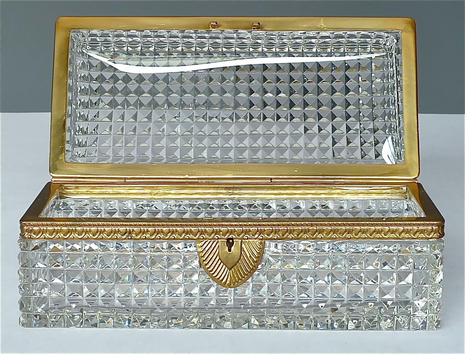 Empire Large Antique French Baccarat Att. Crystal Glass Brass Jewelry Vanity Box Casket
