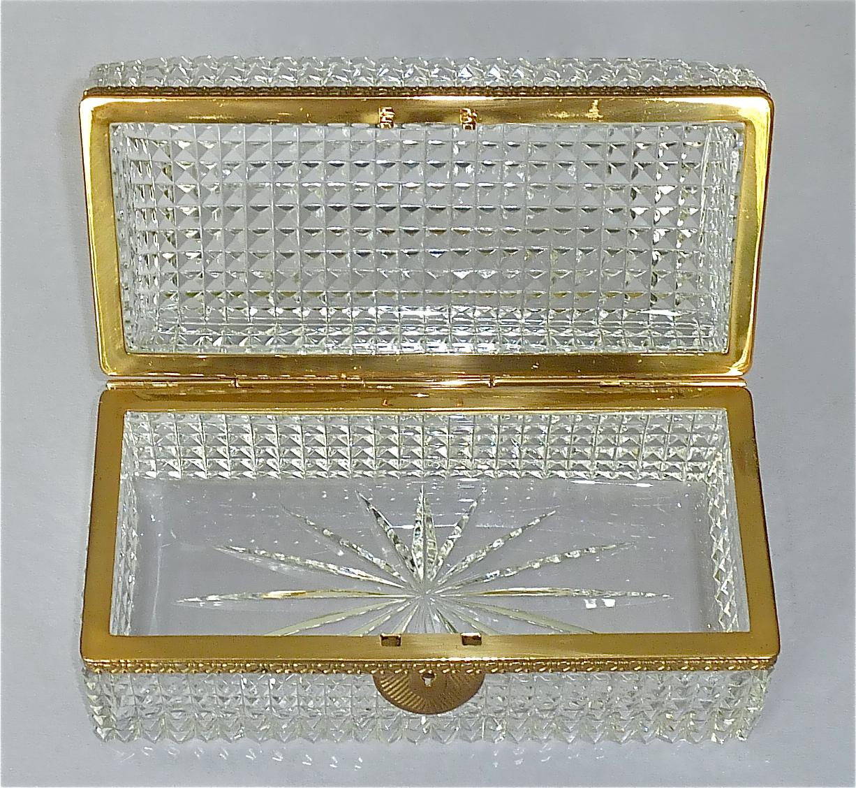 Beveled Large Antique French Baccarat Att. Crystal Glass Brass Jewelry Vanity Box Casket