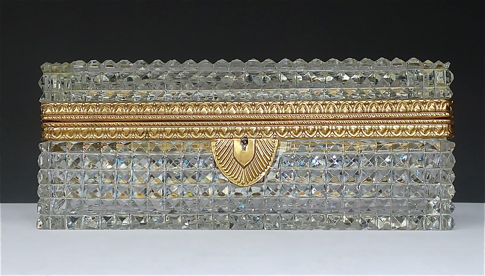 Large Antique French Baccarat Att. Crystal Glass Brass Jewelry Vanity Box Casket 1