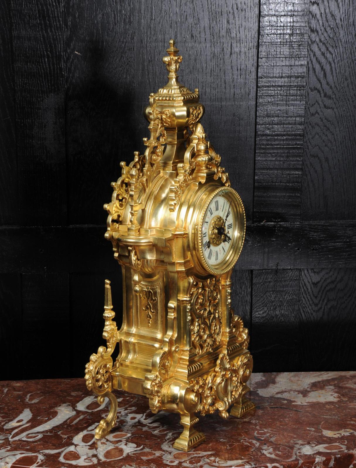 Large Antique French Baroque Gilt Bronze Clock 9
