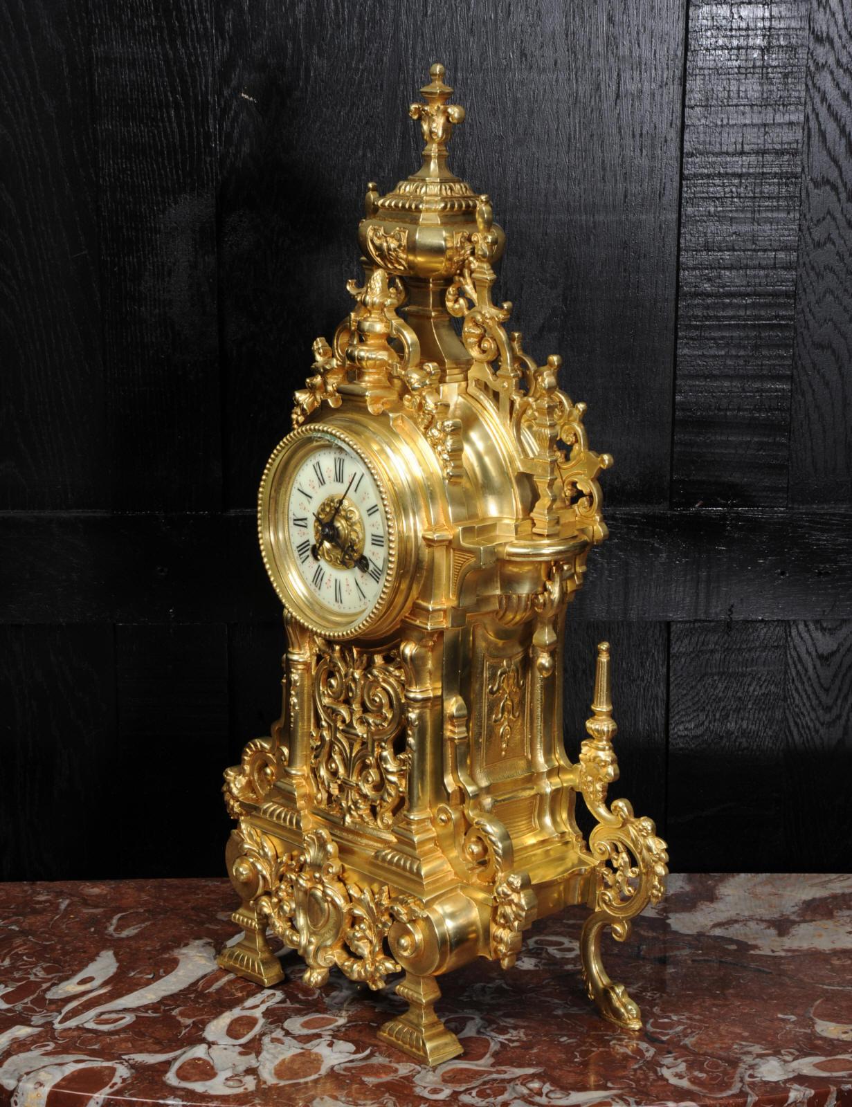 Large Antique French Baroque Gilt Bronze Clock 10