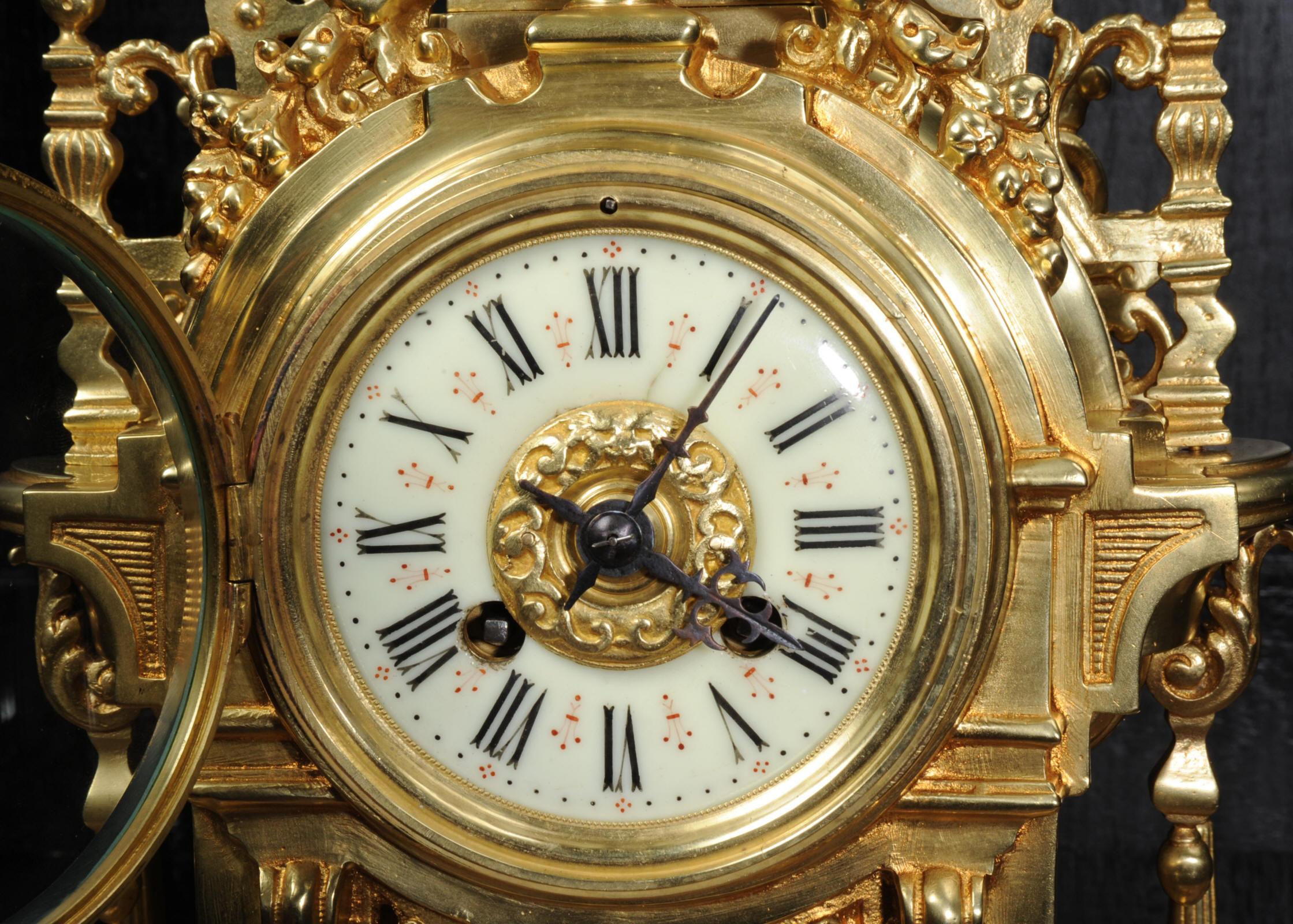 Large Antique French Baroque Gilt Bronze Clock 12
