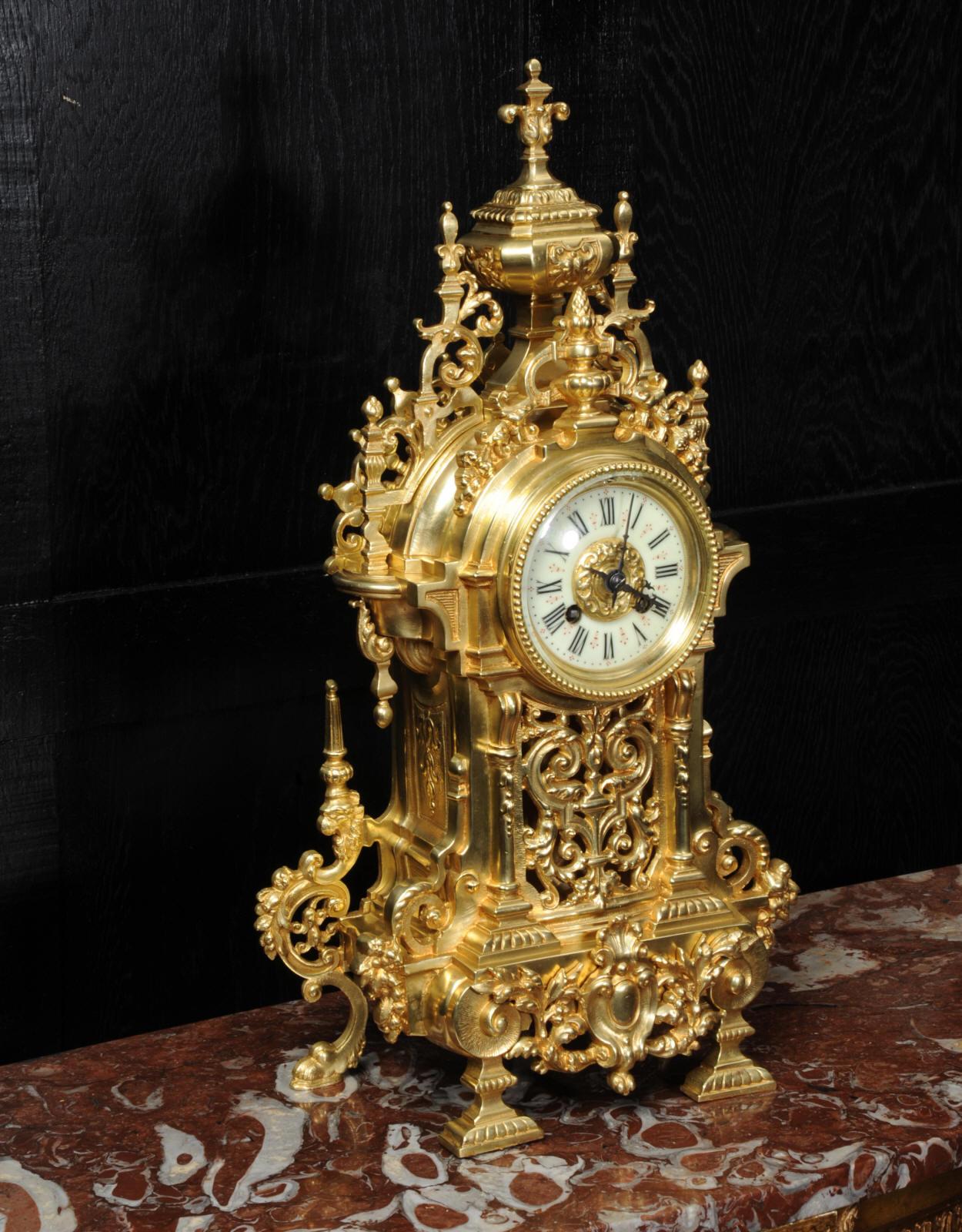 19th Century Large Antique French Baroque Gilt Bronze Clock