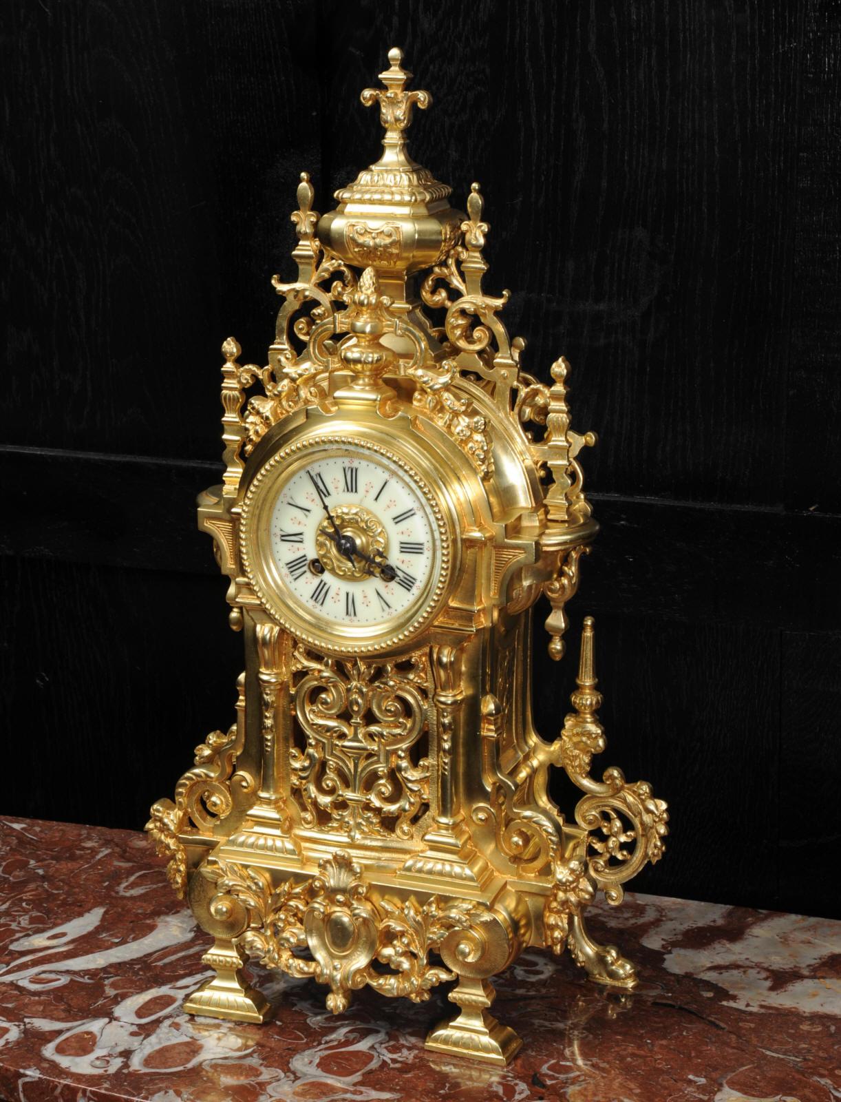 Large Antique French Baroque Gilt Bronze Clock 1
