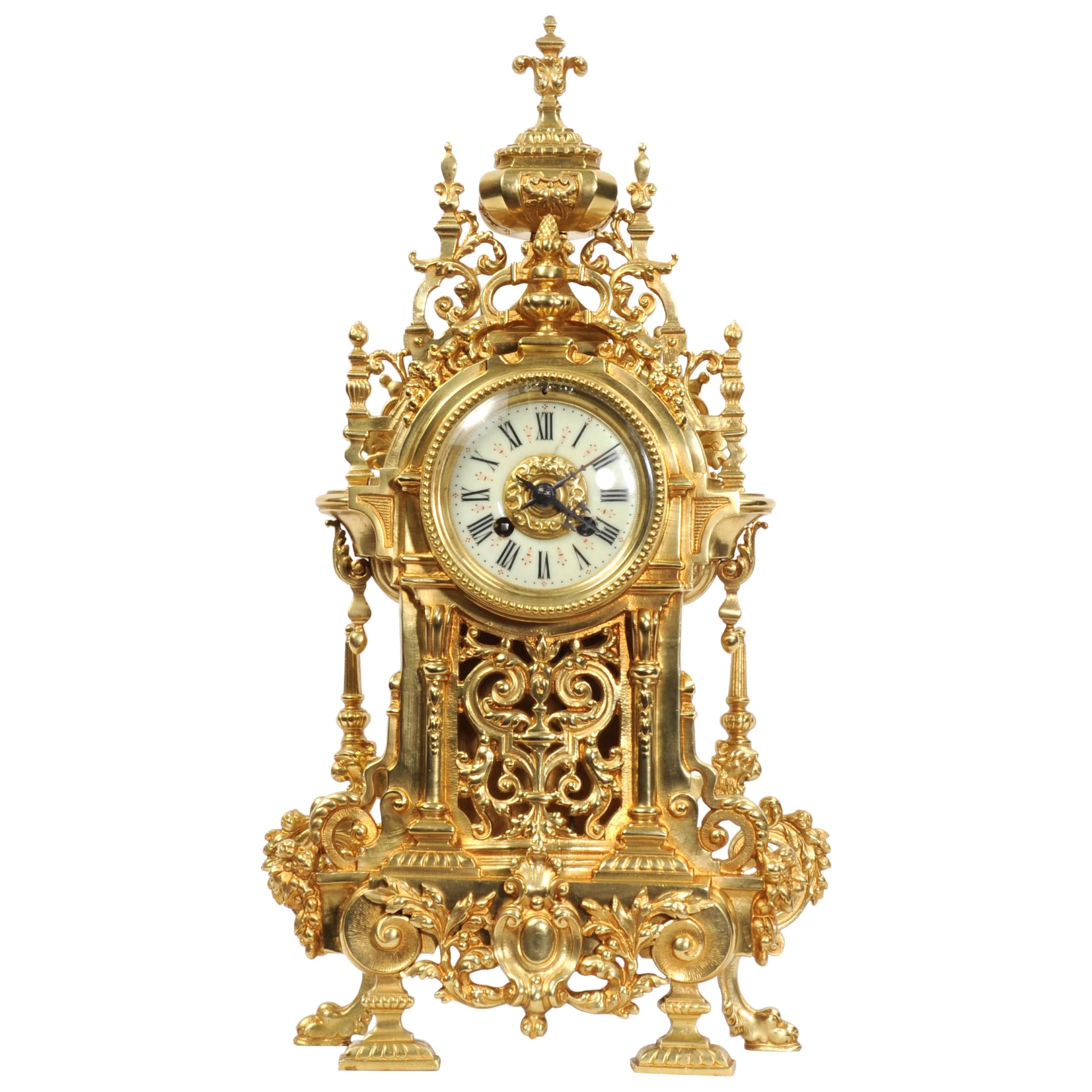Large Antique French Baroque Gilt Bronze Clock