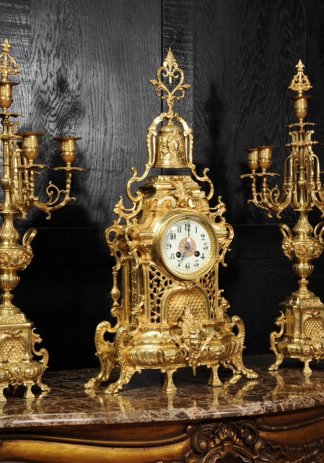Large Antique French Baroque Gilt Bronze Clock Set by Japy Freres 4