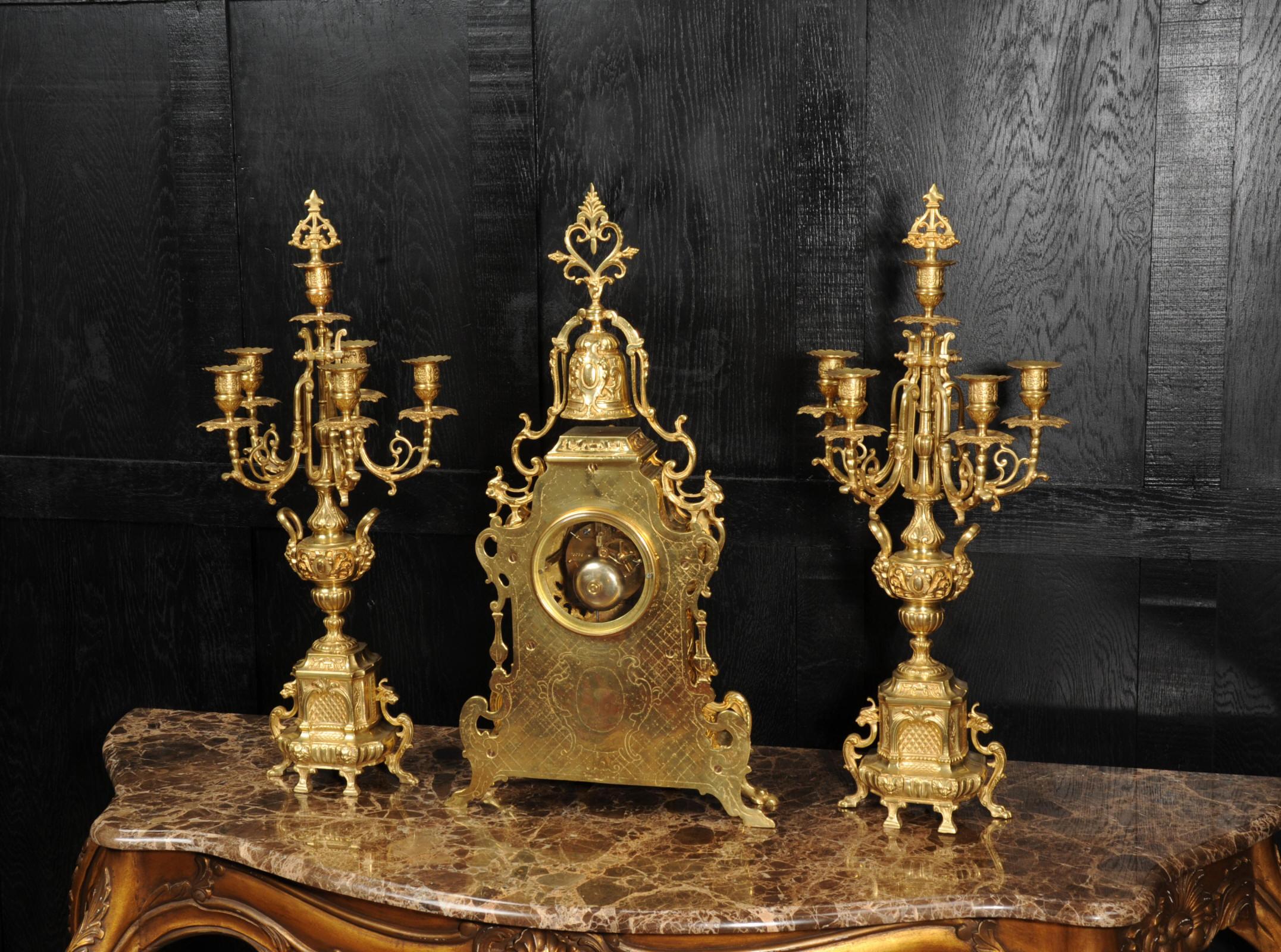 Large Antique French Baroque Gilt Bronze Clock Set by Japy Freres 5