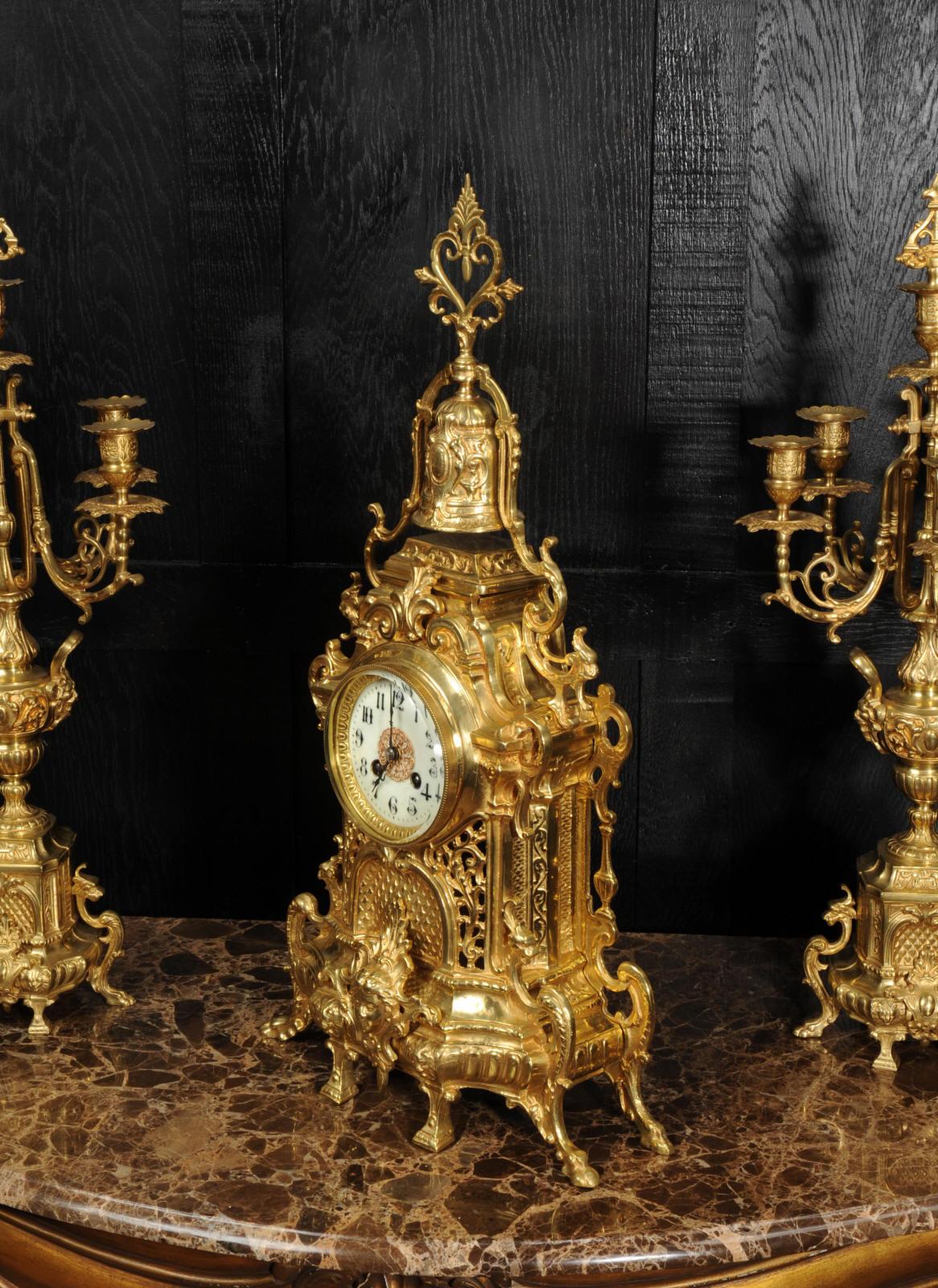 Large Antique French Baroque Gilt Bronze Clock Set by Japy Freres 6