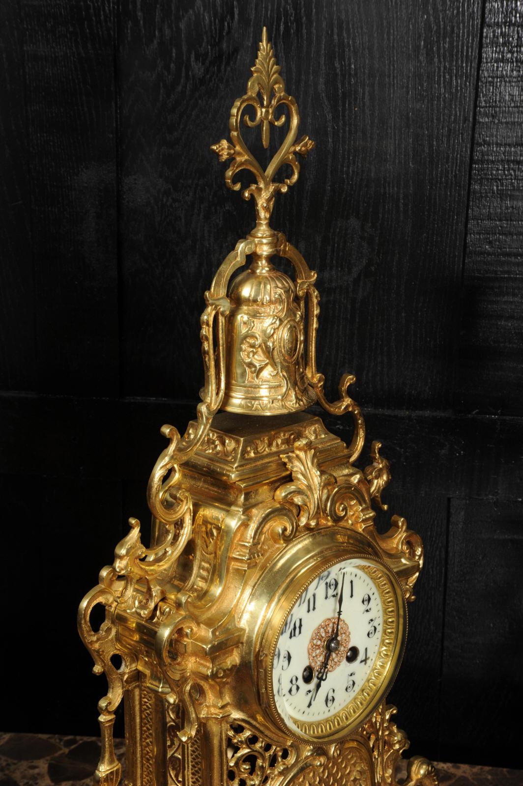 Large Antique French Baroque Gilt Bronze Clock Set by Japy Freres 7