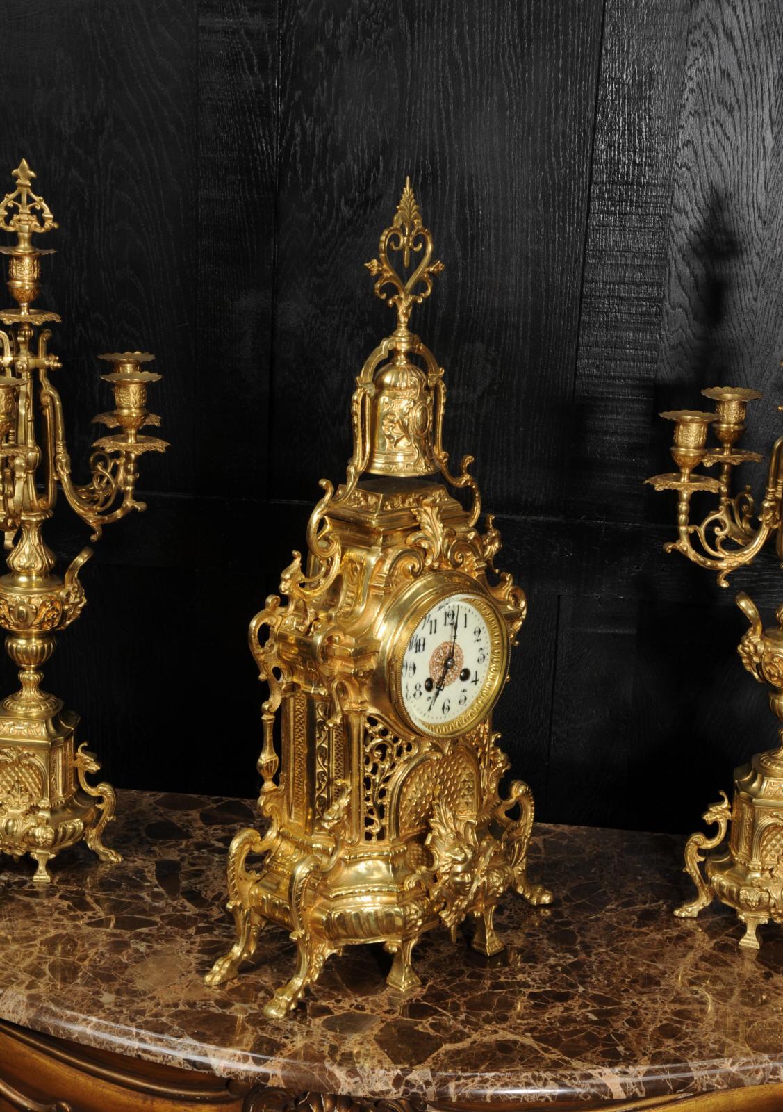 Large Antique French Baroque Gilt Bronze Clock Set by Japy Freres In Good Condition In Belper, Derbyshire