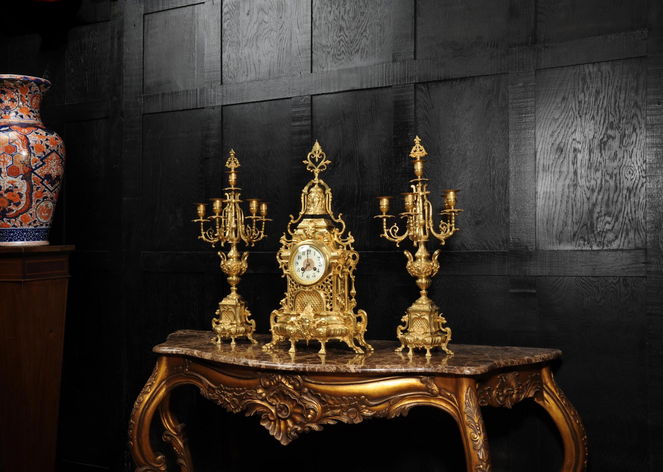 19th Century Large Antique French Baroque Gilt Bronze Clock Set by Japy Freres