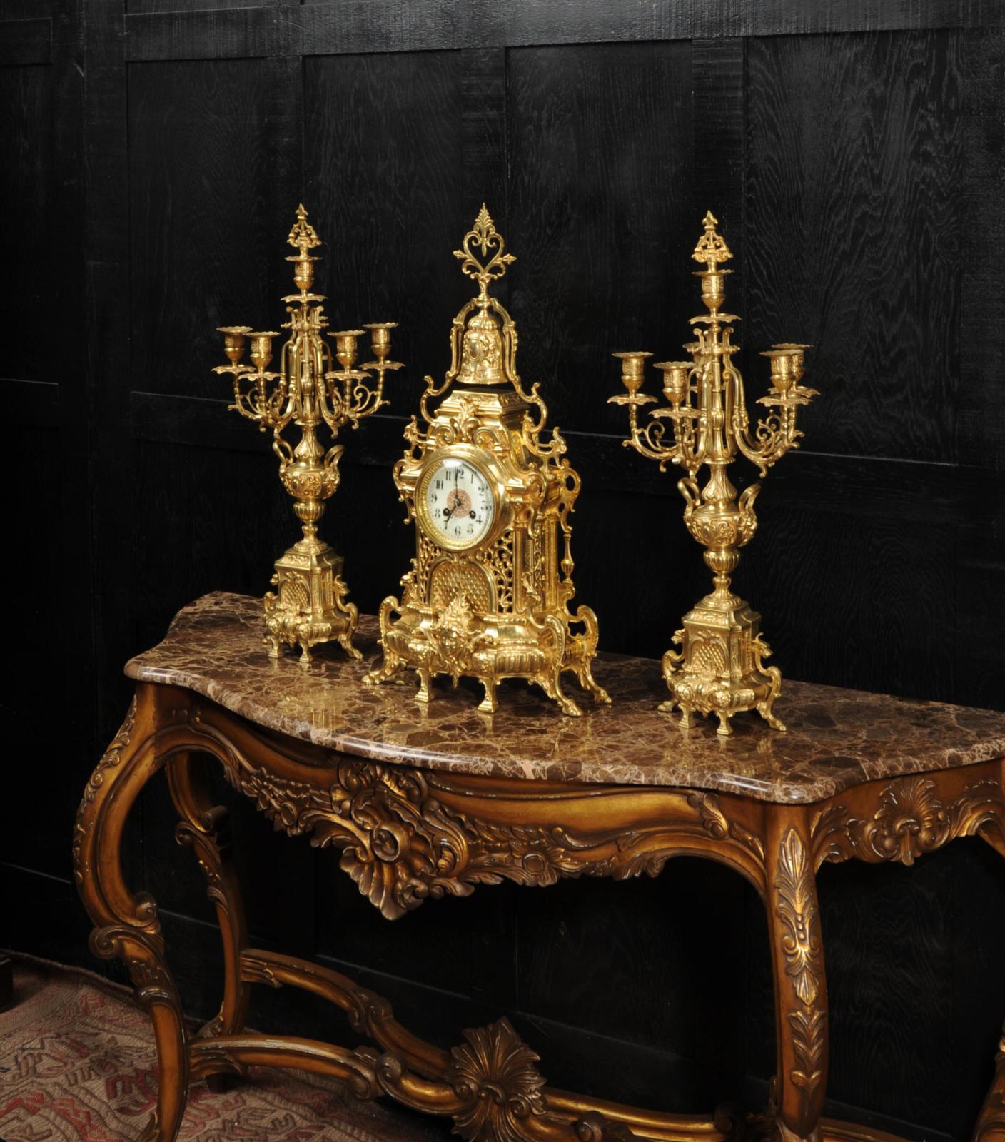 Large Antique French Baroque Gilt Bronze Clock Set by Japy Freres 1