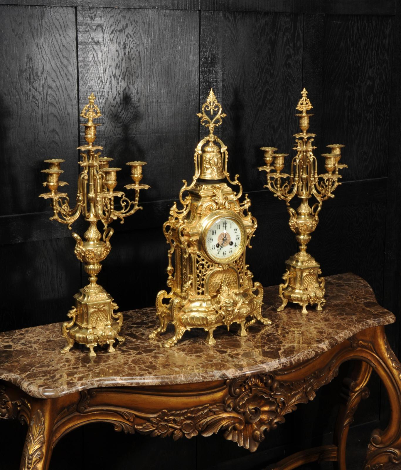 Large Antique French Baroque Gilt Bronze Clock Set by Japy Freres 2