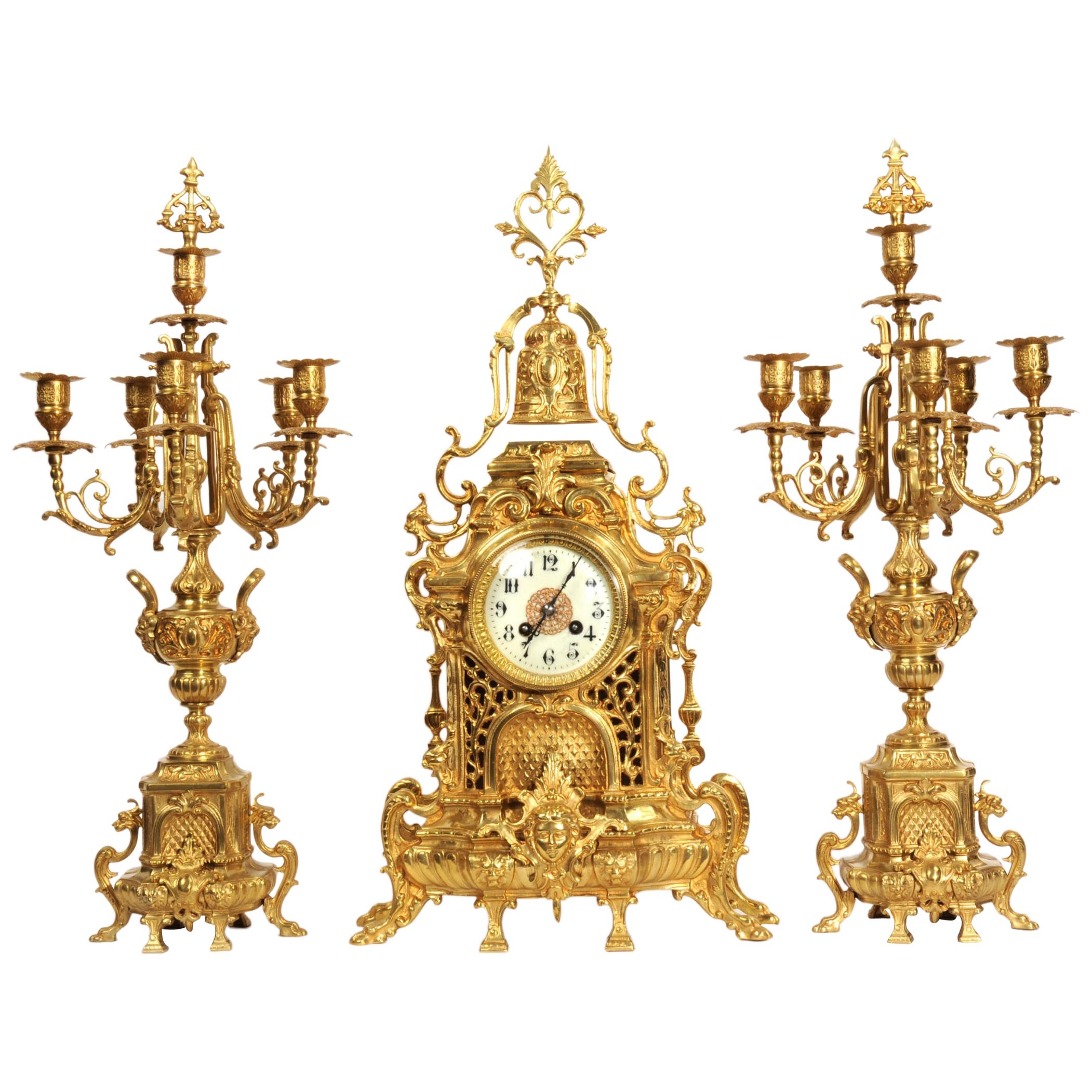 Large Antique French Baroque Gilt Bronze Clock Set by Japy Freres