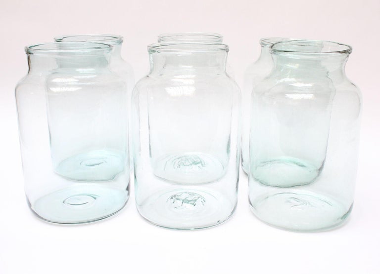 Large Antique French Blown Green Tinted Glass Hurricane Jar, Six