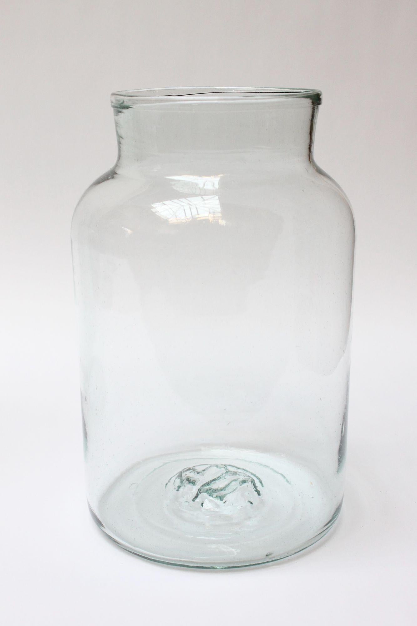 French Provincial Large Antique French Blown Green Tinted Glass Hurricane Jar, Two Available For Sale