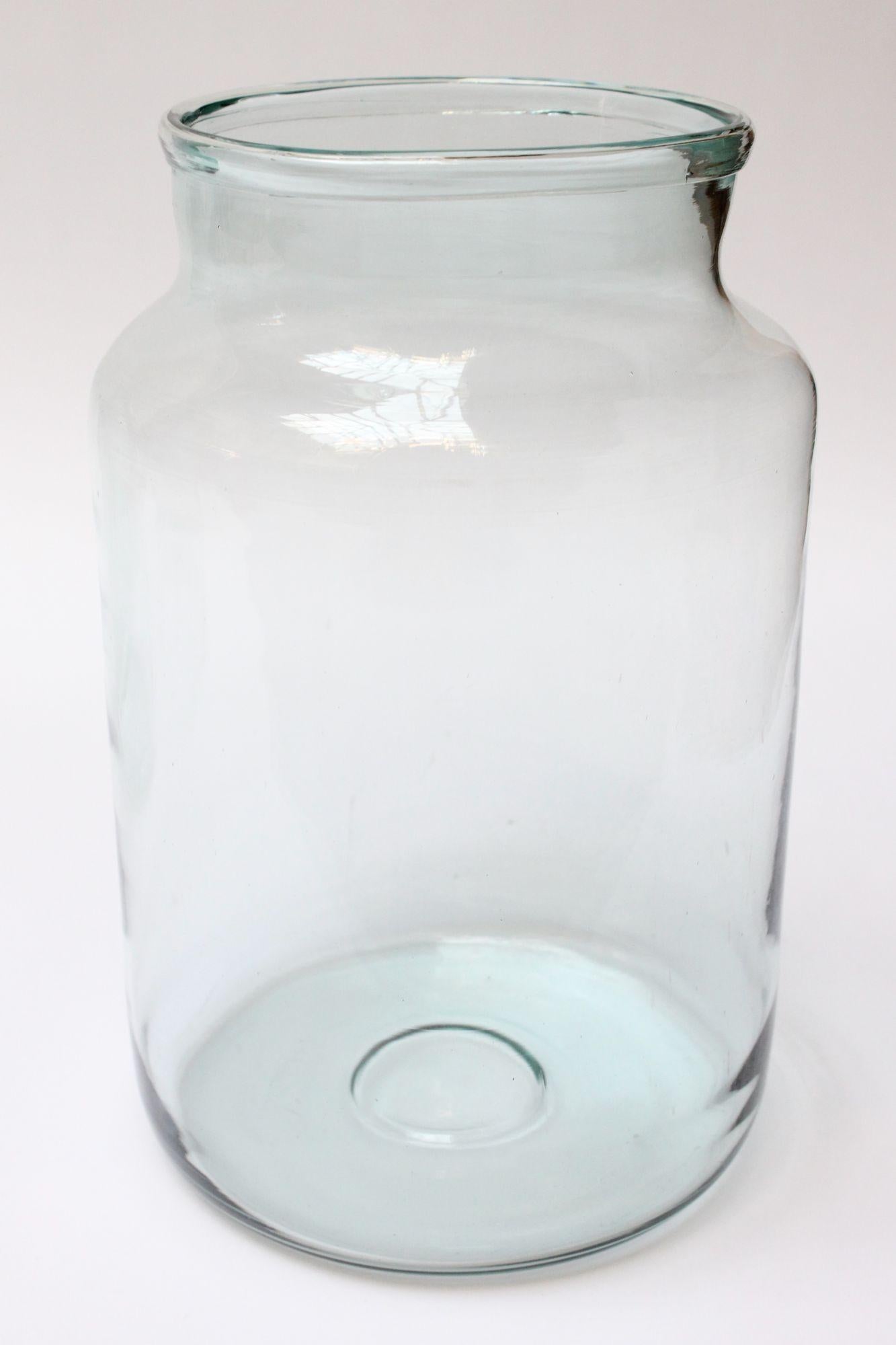 20th Century Large Antique French Blown Green Tinted Glass Hurricane Jar, Two Available For Sale