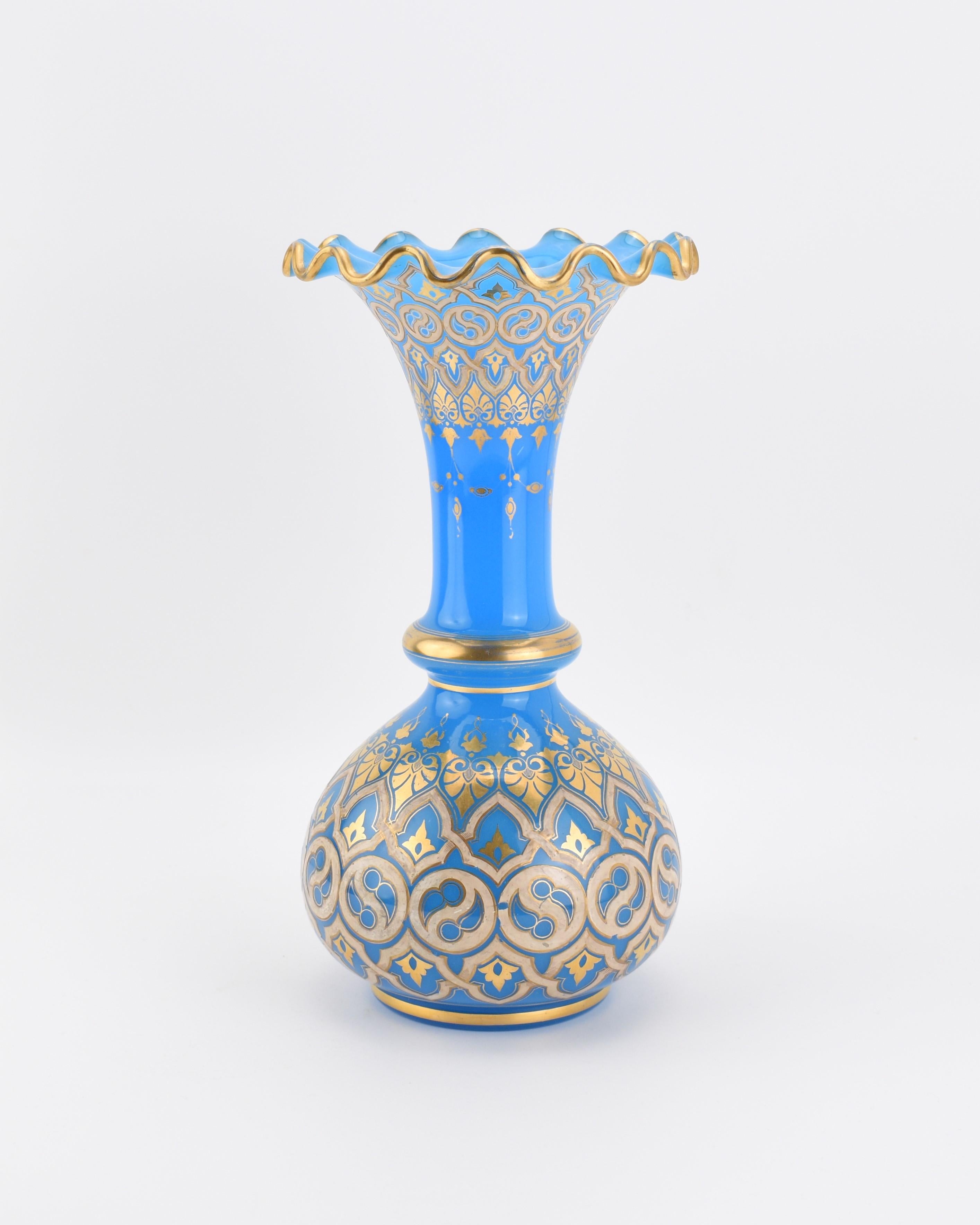 Gilt Large Antique French Blue Opaline Baccarat Glass Vase, 19th Century For Sale