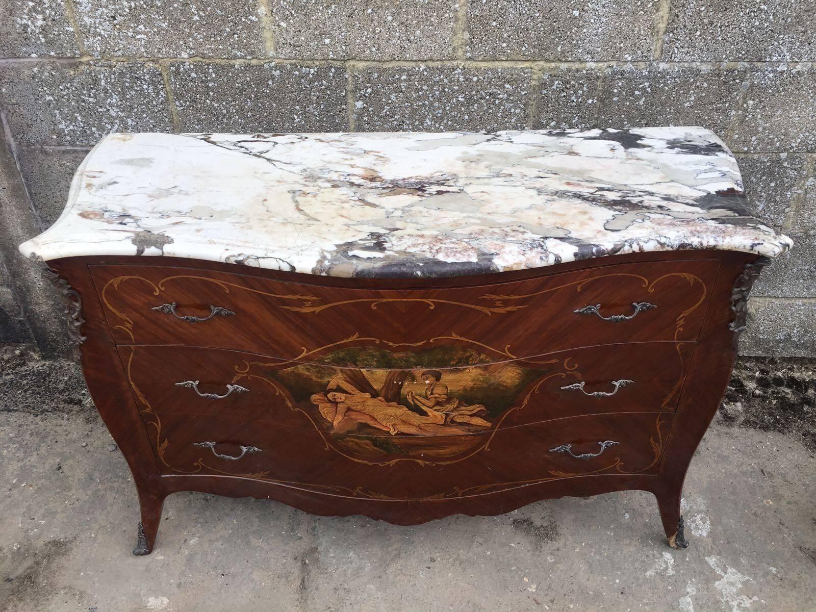19th Century Large Antique French Bombe Chest Drawers, Serpentine, Marble Top For Sale