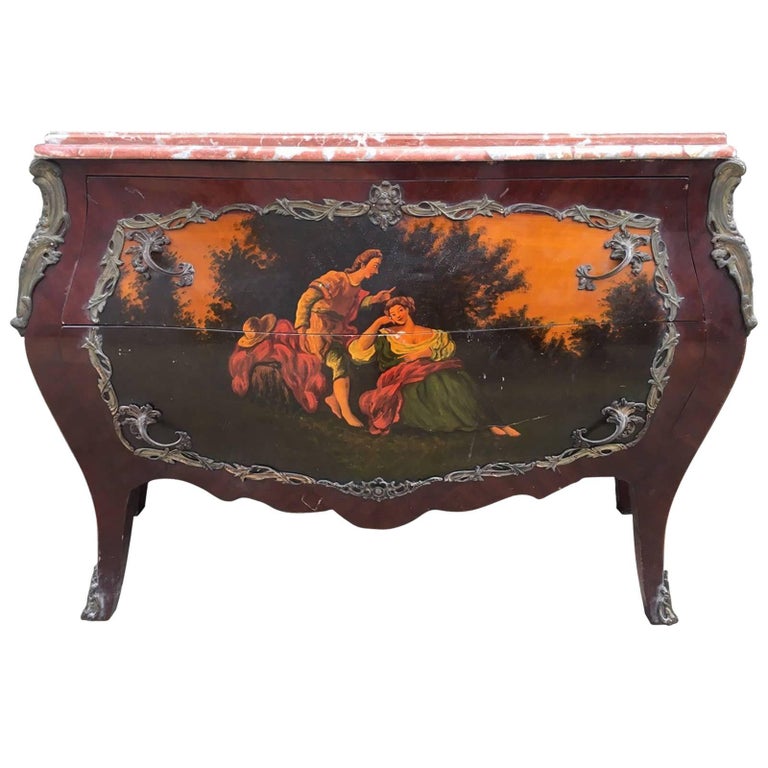 Large Antique French Bombe Chest Drawers, Serpentine, Marble Top For