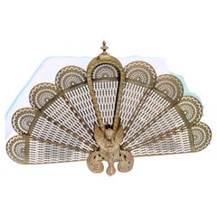 Large Antique French Brass Peacock  Fan Foldable Fireplace Screen