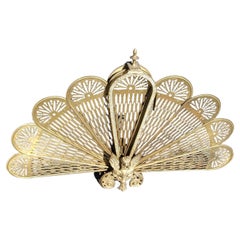Large Antique French Brass Peacock  Fan Foldable Fireplace Screen