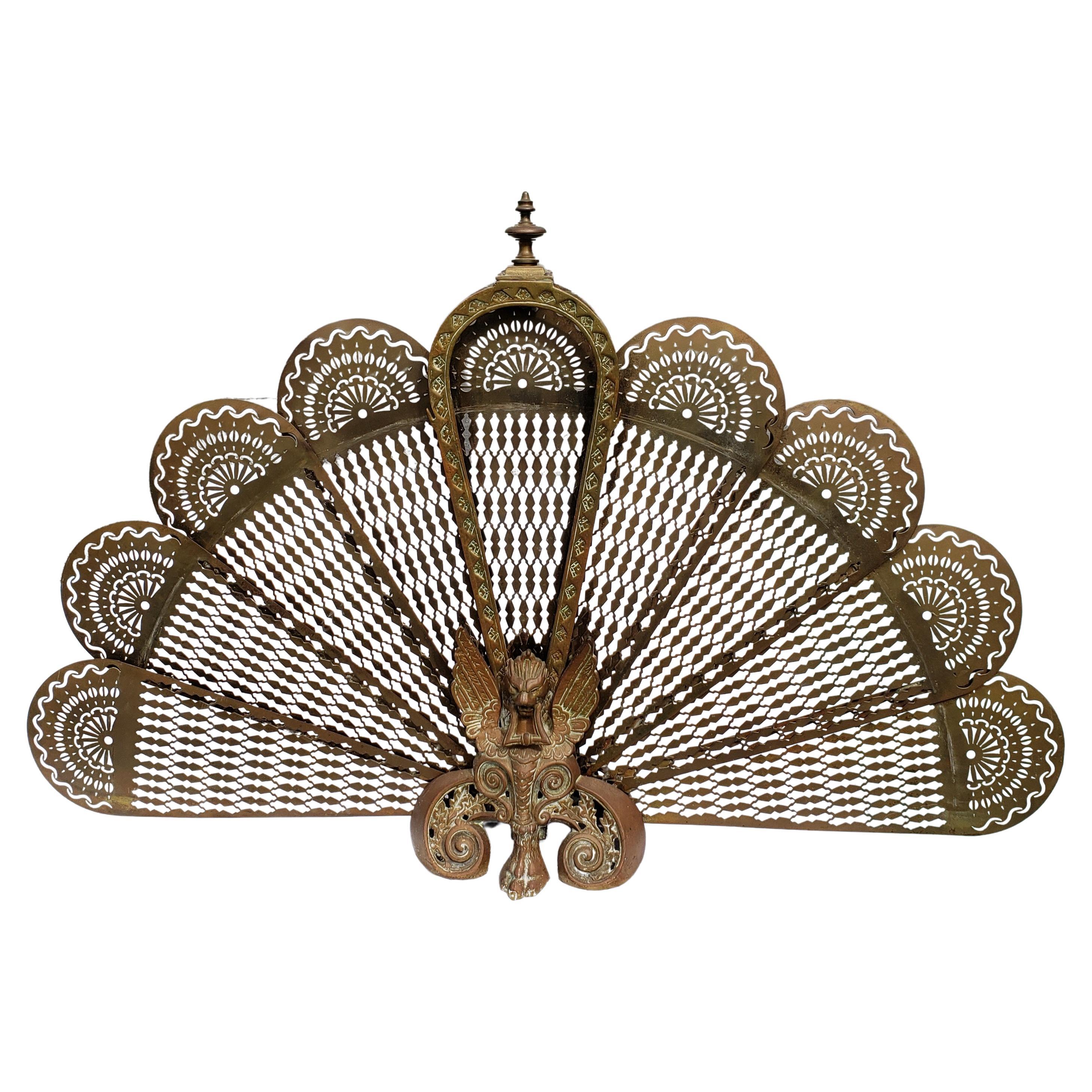Art Deco Large Antique French Brass Peacock  Fan Foldable Fireplace Screen