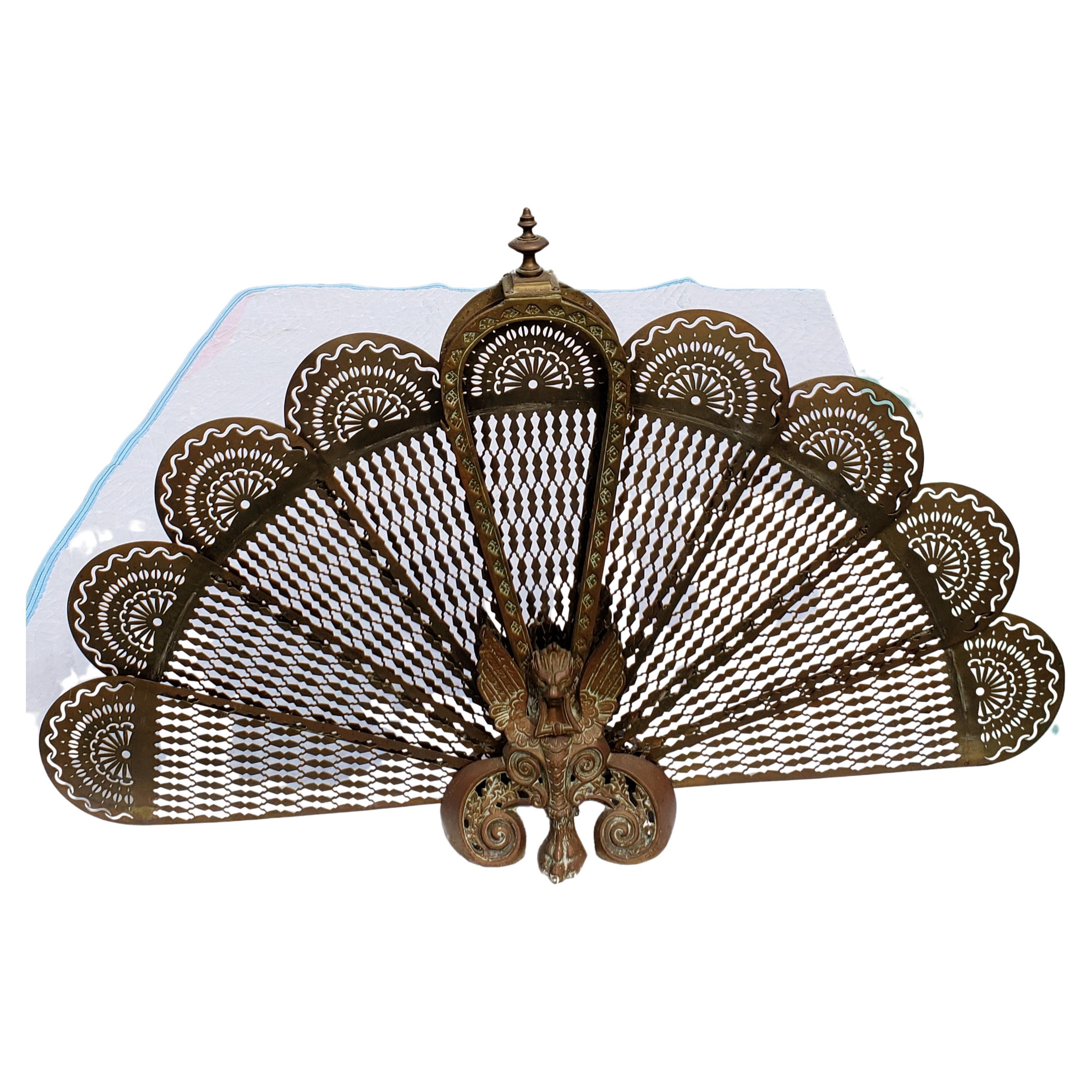 Metalwork Large Antique French Brass Peacock  Fan Foldable Fireplace Screen