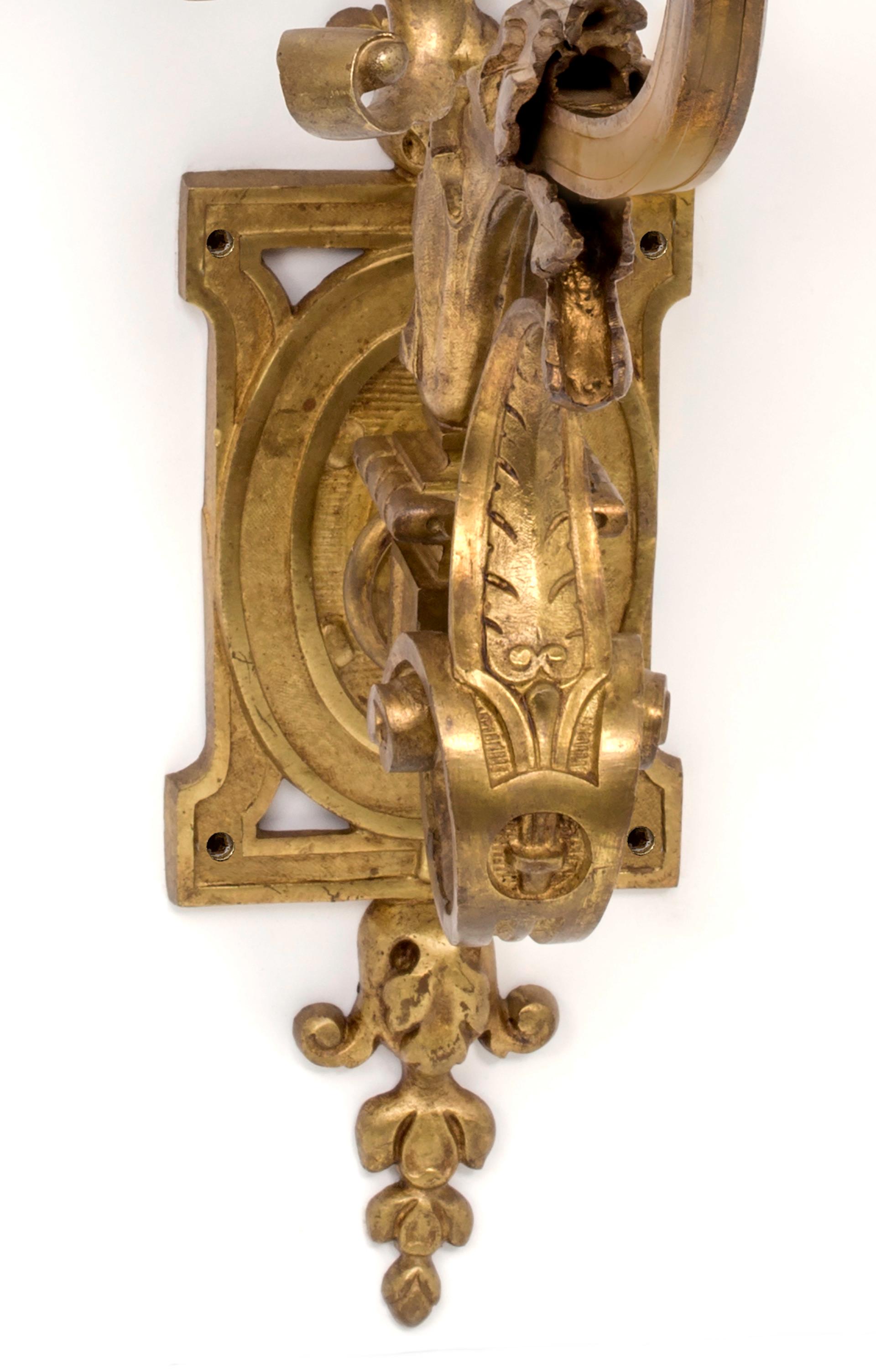 Large, Antique French Gilt Bronze Wall Sconces, Pair In Good Condition For Sale In Summerland, CA