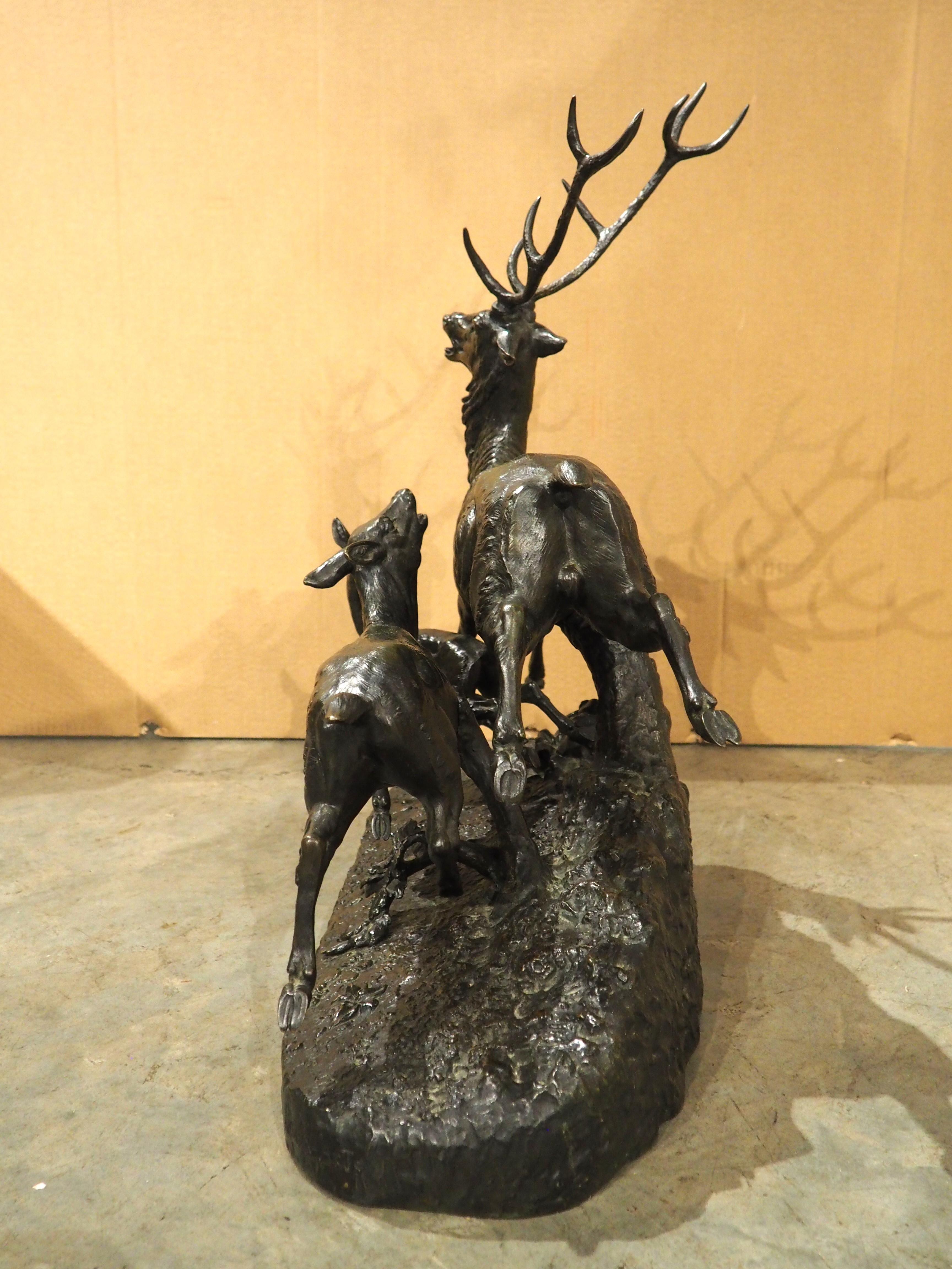 Grande sculpture française ancienne, cerf beauoyant, biche et fauve, fin des années 1800 en vente 5