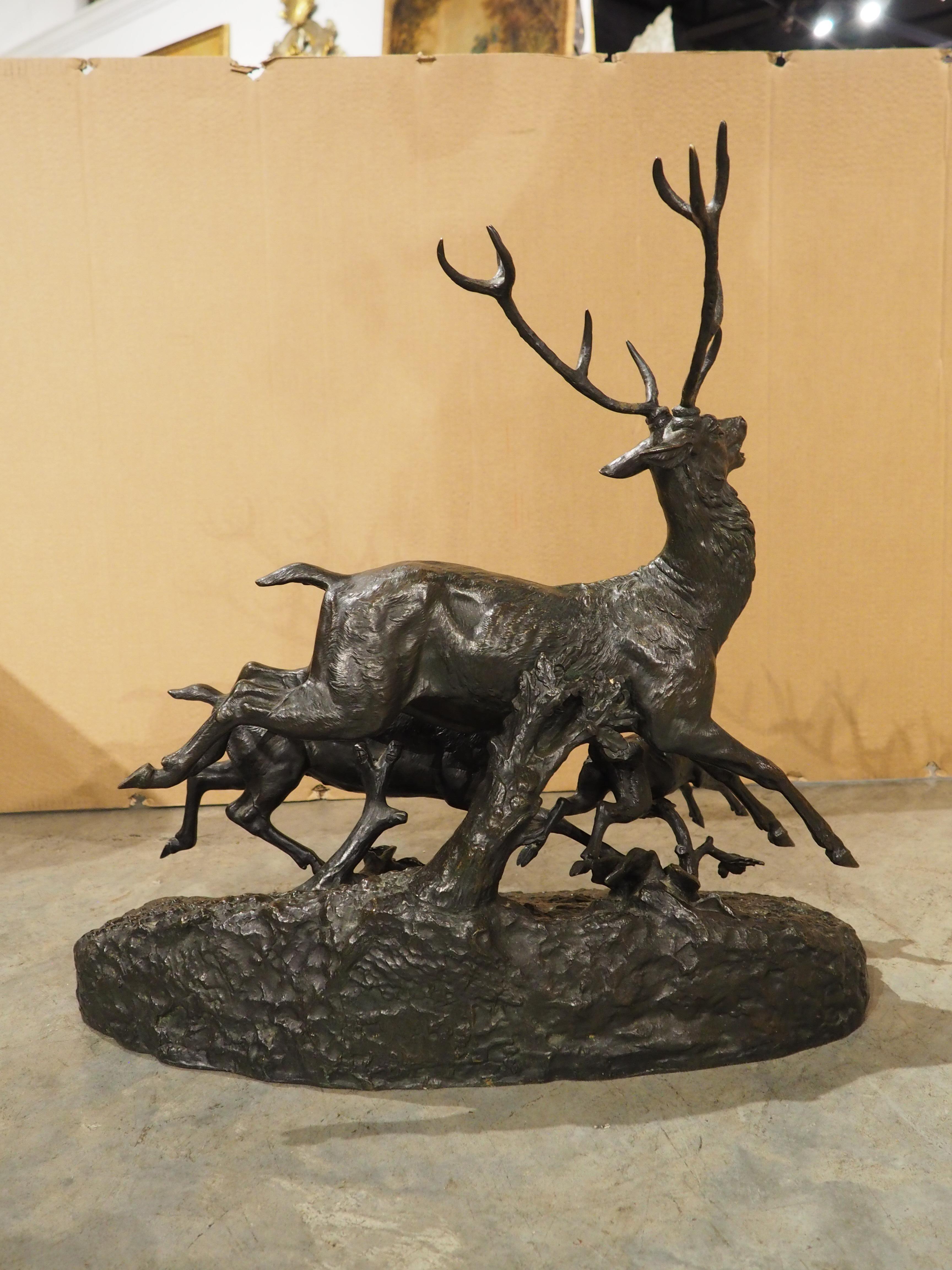 Grande sculpture française ancienne, cerf beauoyant, biche et fauve, fin des années 1800 en vente 8