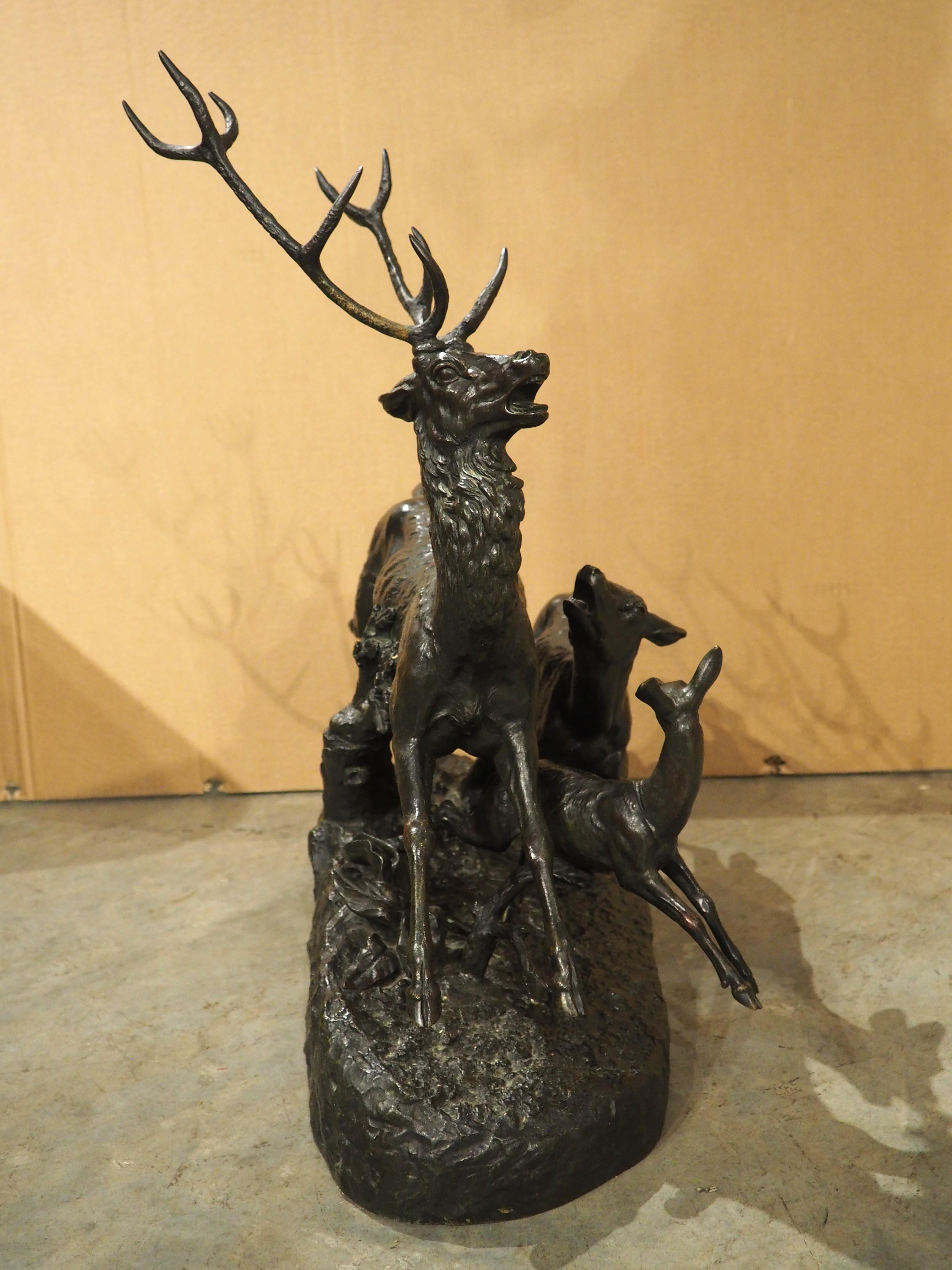 Grande sculpture française ancienne, cerf beauoyant, biche et fauve, fin des années 1800 en vente 11