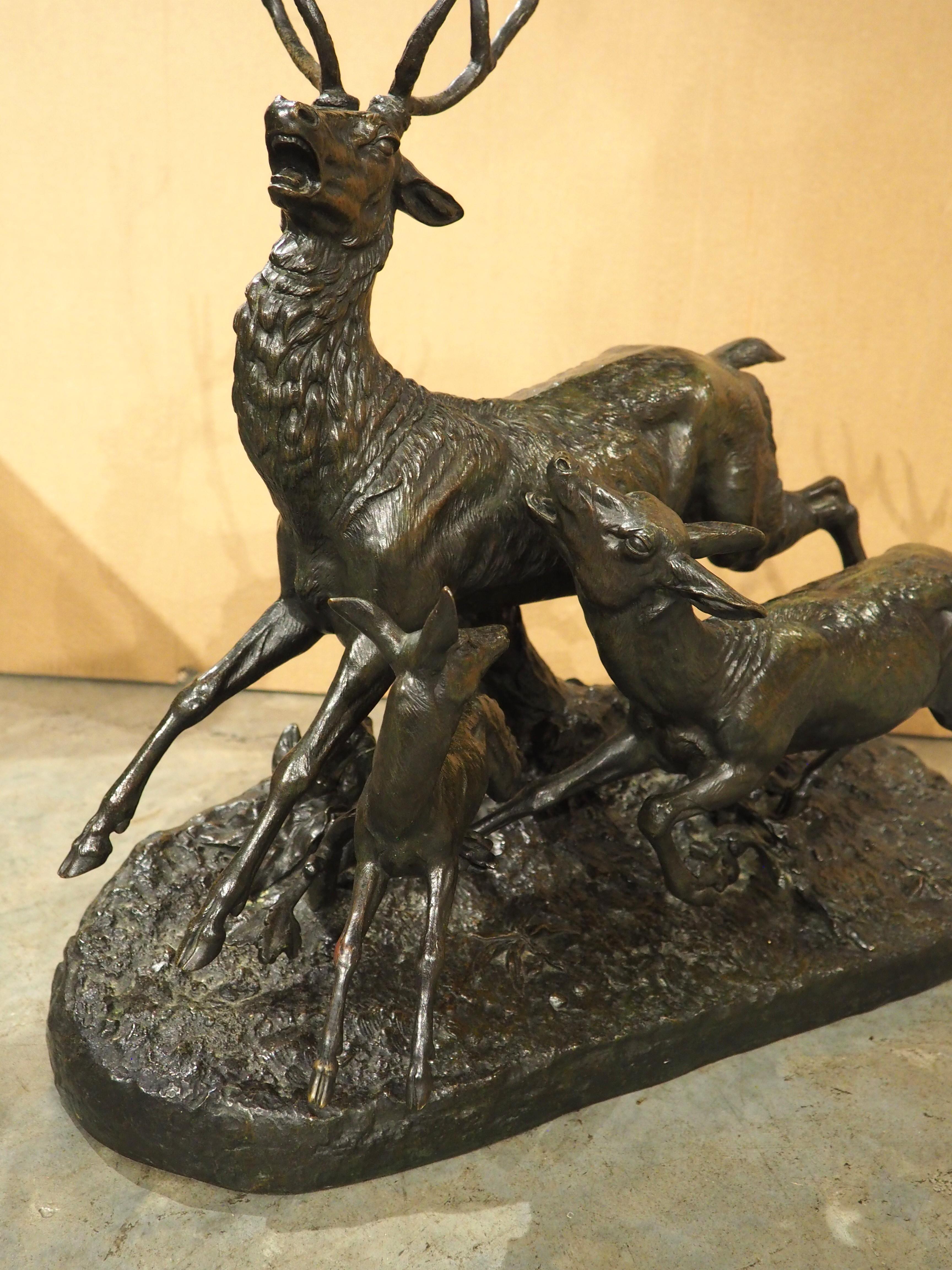 Grande sculpture française ancienne, cerf beauoyant, biche et fauve, fin des années 1800 en vente 12