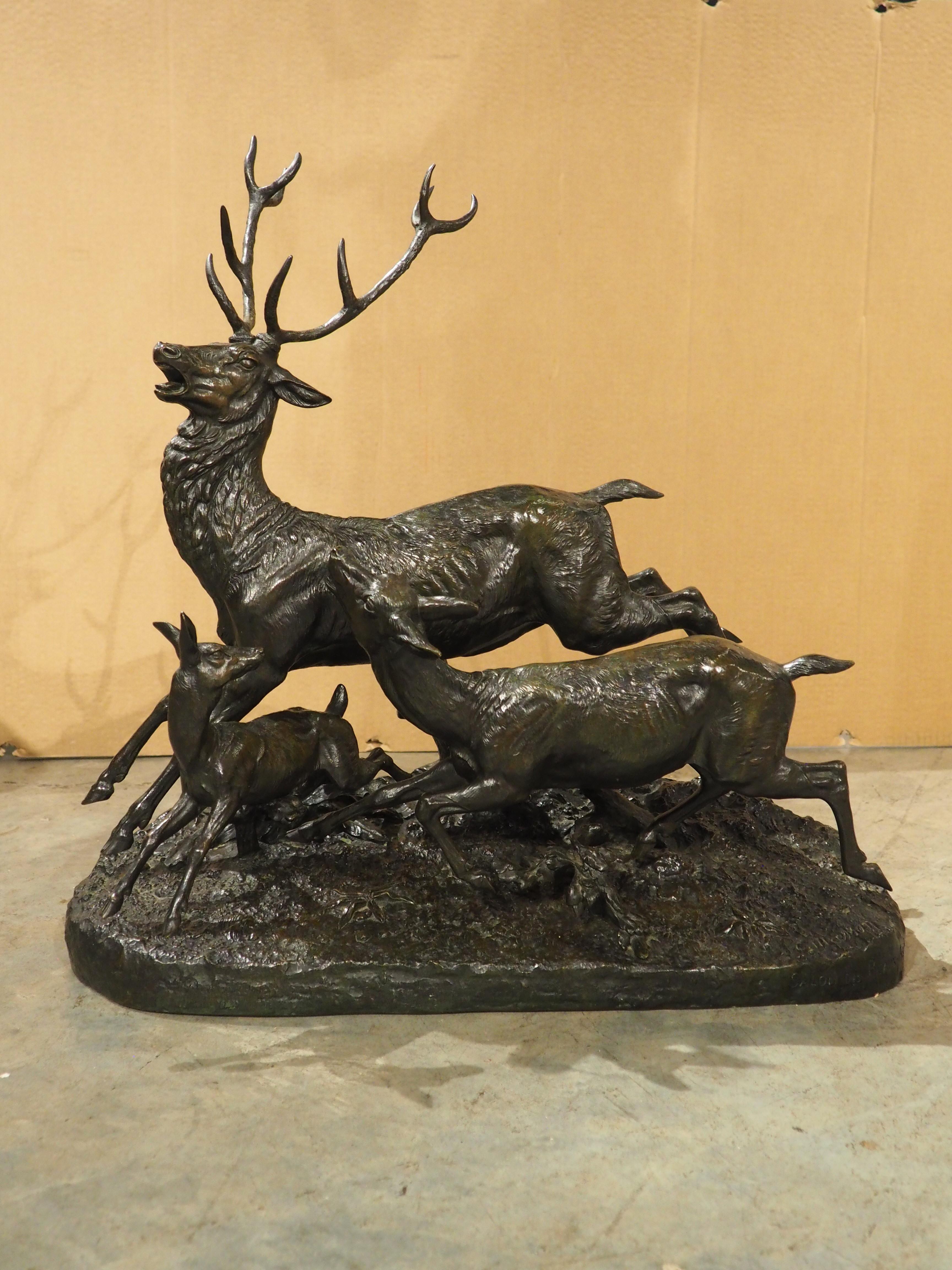 Grande sculpture française ancienne, cerf beauoyant, biche et fauve, fin des années 1800 en vente 13