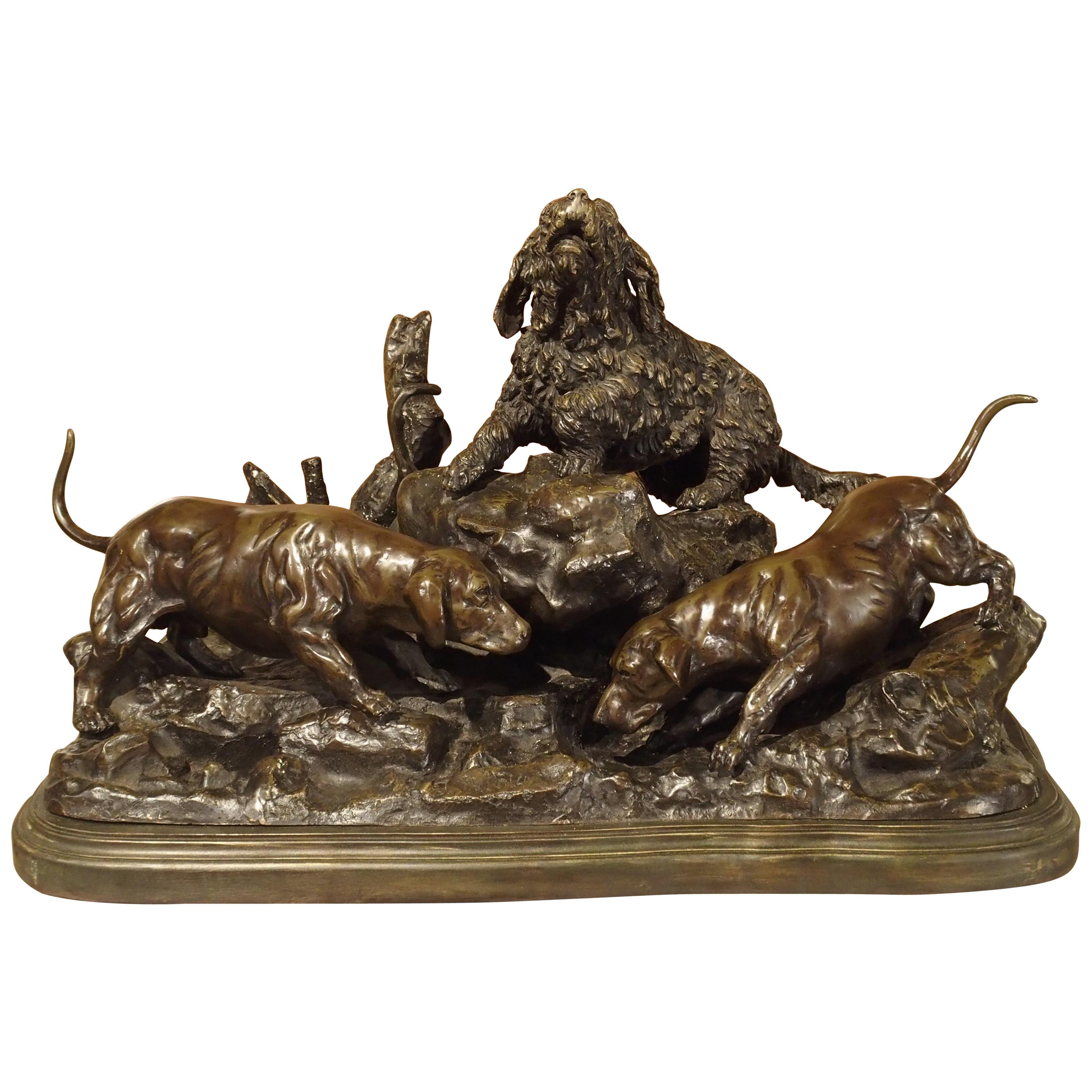 Large Antique French Bronze Statue of Hunting Dogs, Jules Moigniez