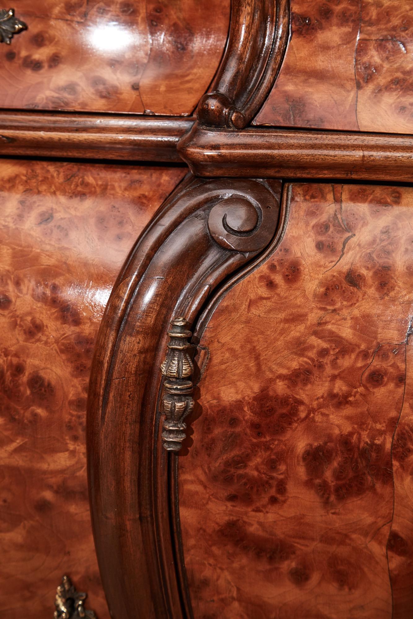 Victorian Large Antique French Burr Walnut Bombe Shaped Sideboard For Sale
