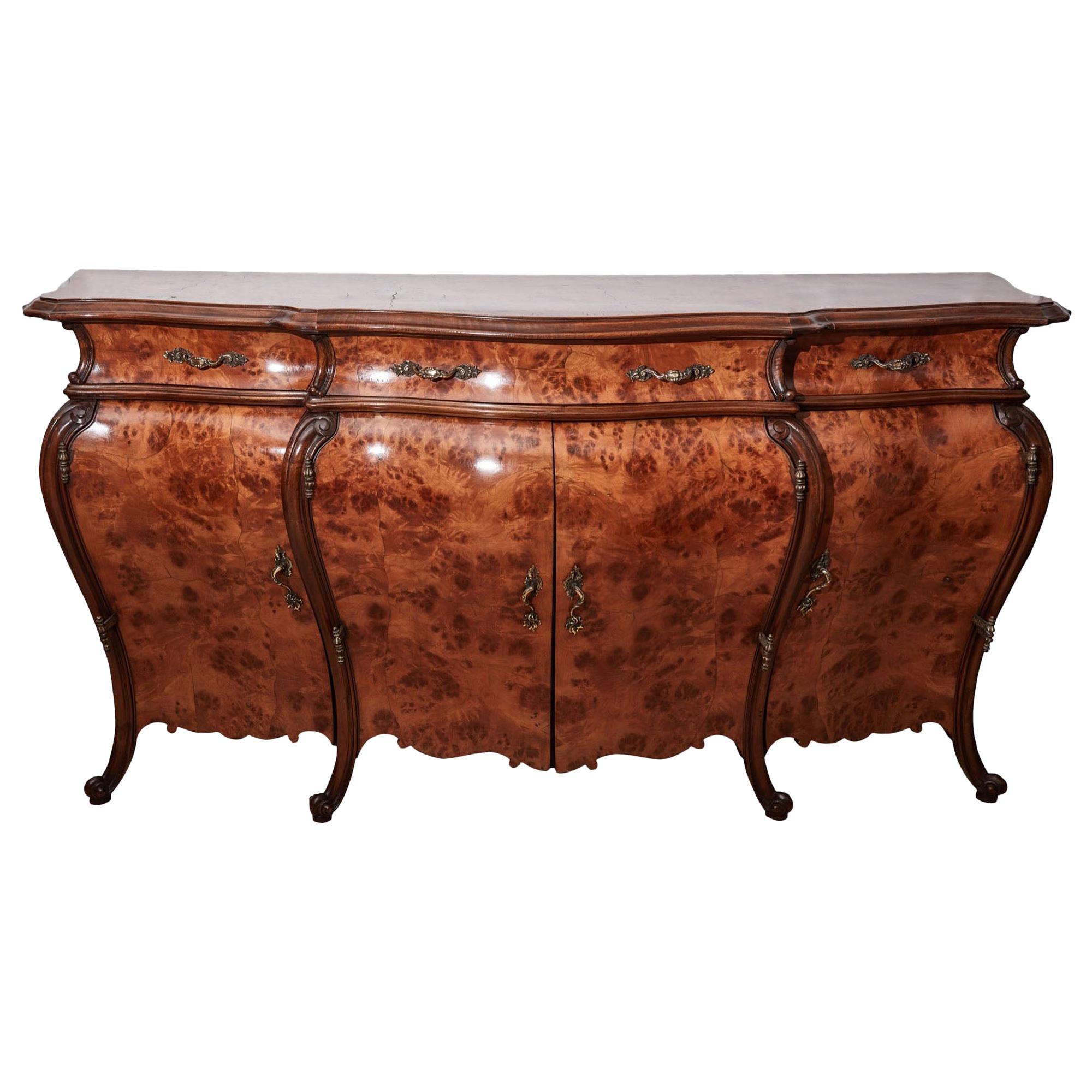 Large Antique French Burr Walnut Bombe Shaped Sideboard For Sale