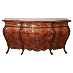 Large Used French Burr Walnut Bombe Shaped Sideboard