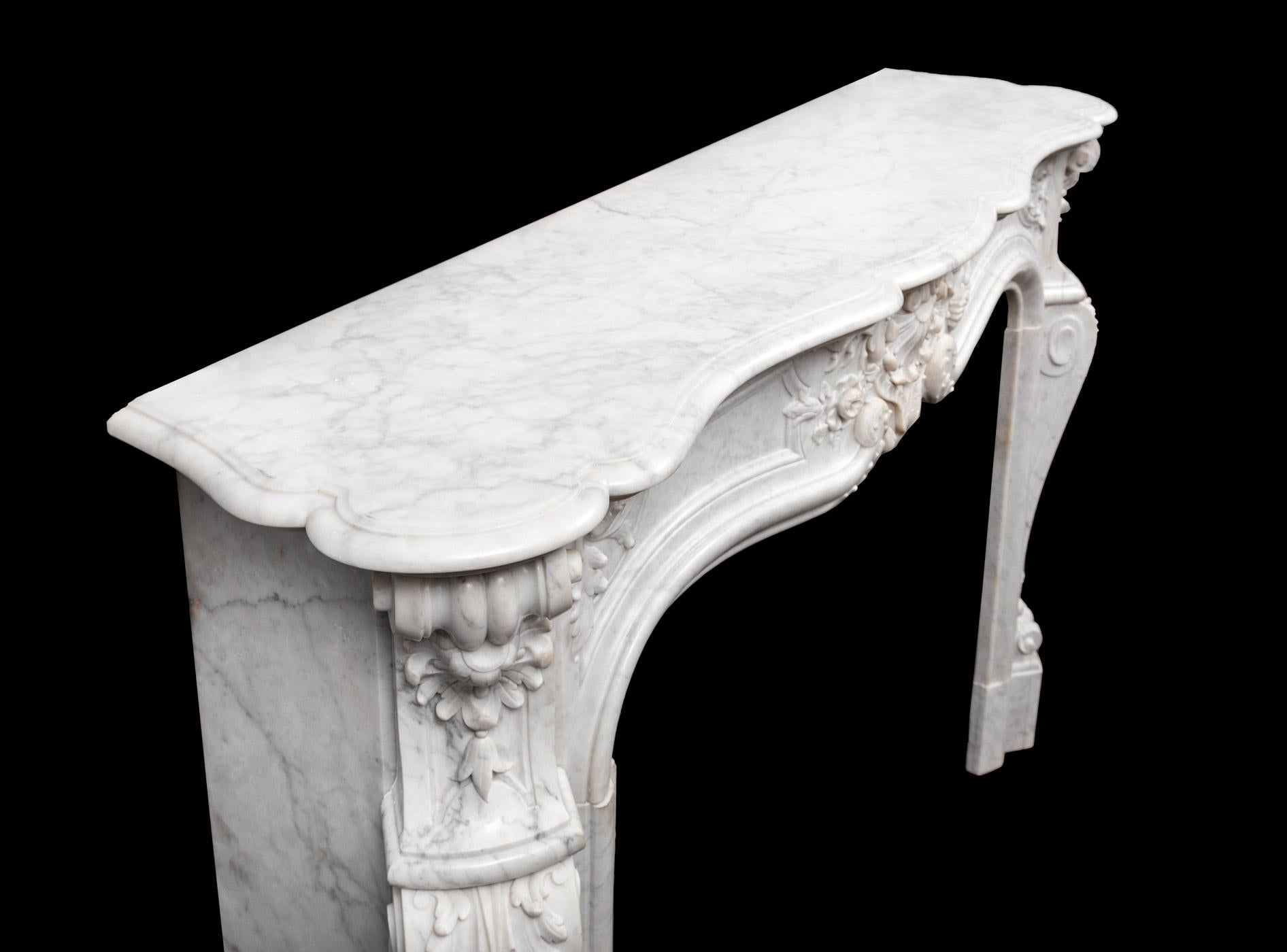 Carved Large Antique French Carrara Marble Mantlepiece