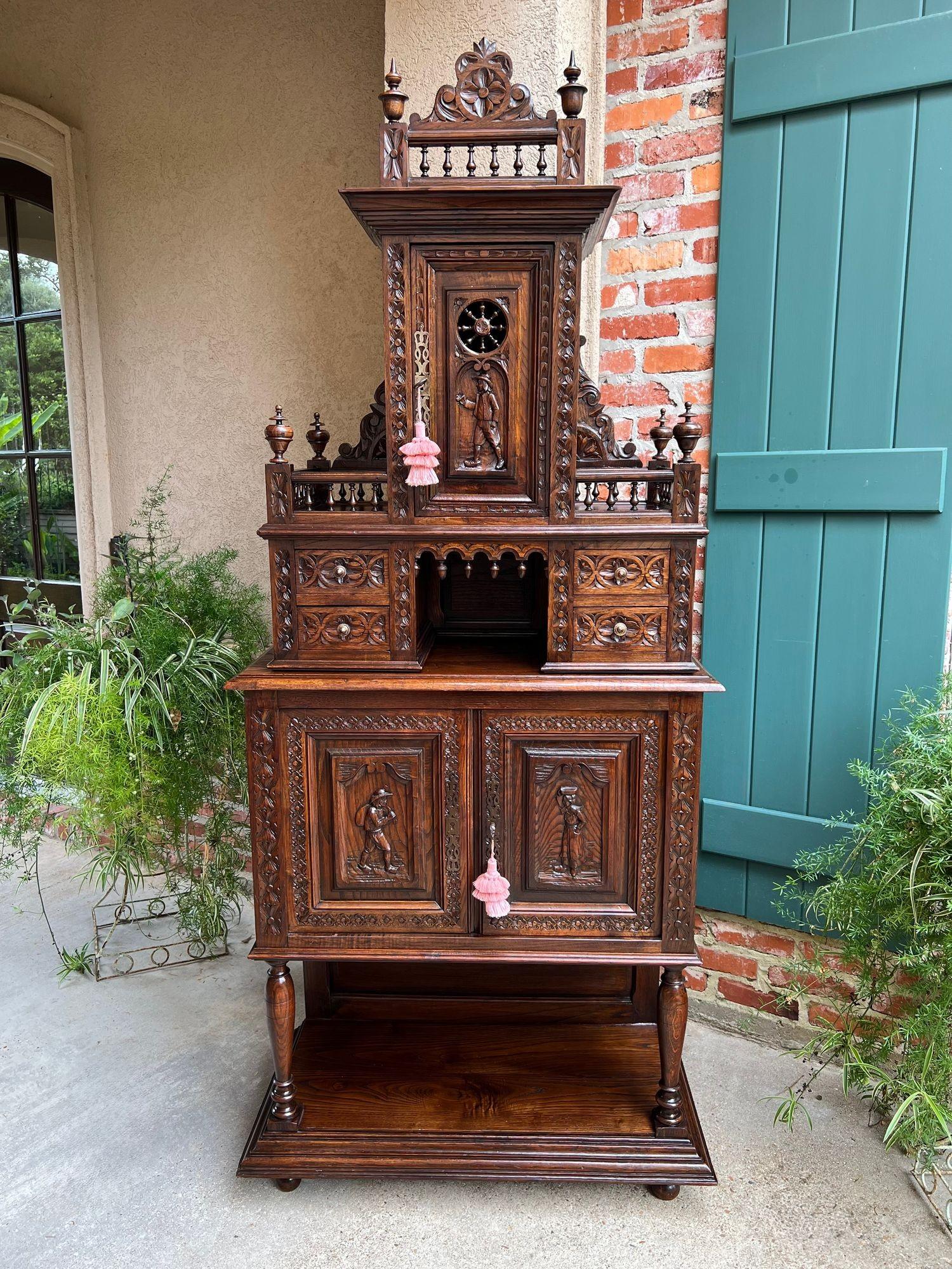 French Provincial LARGE Antique French Carved Cabinet Bookcase Breton Brittany Display China c1890 For Sale