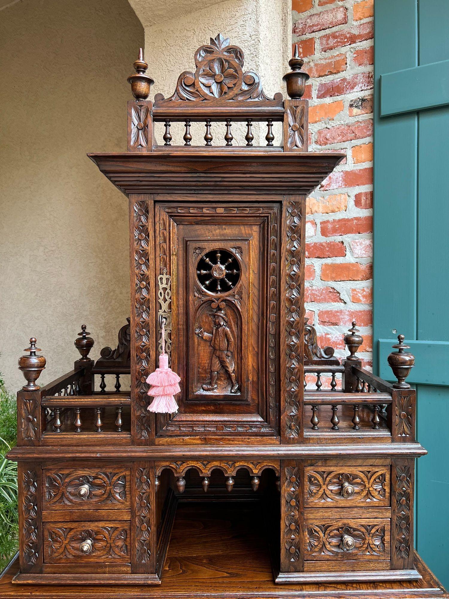 Hand-Carved LARGE Antique French Carved Cabinet Bookcase Breton Brittany Display China c1890 For Sale